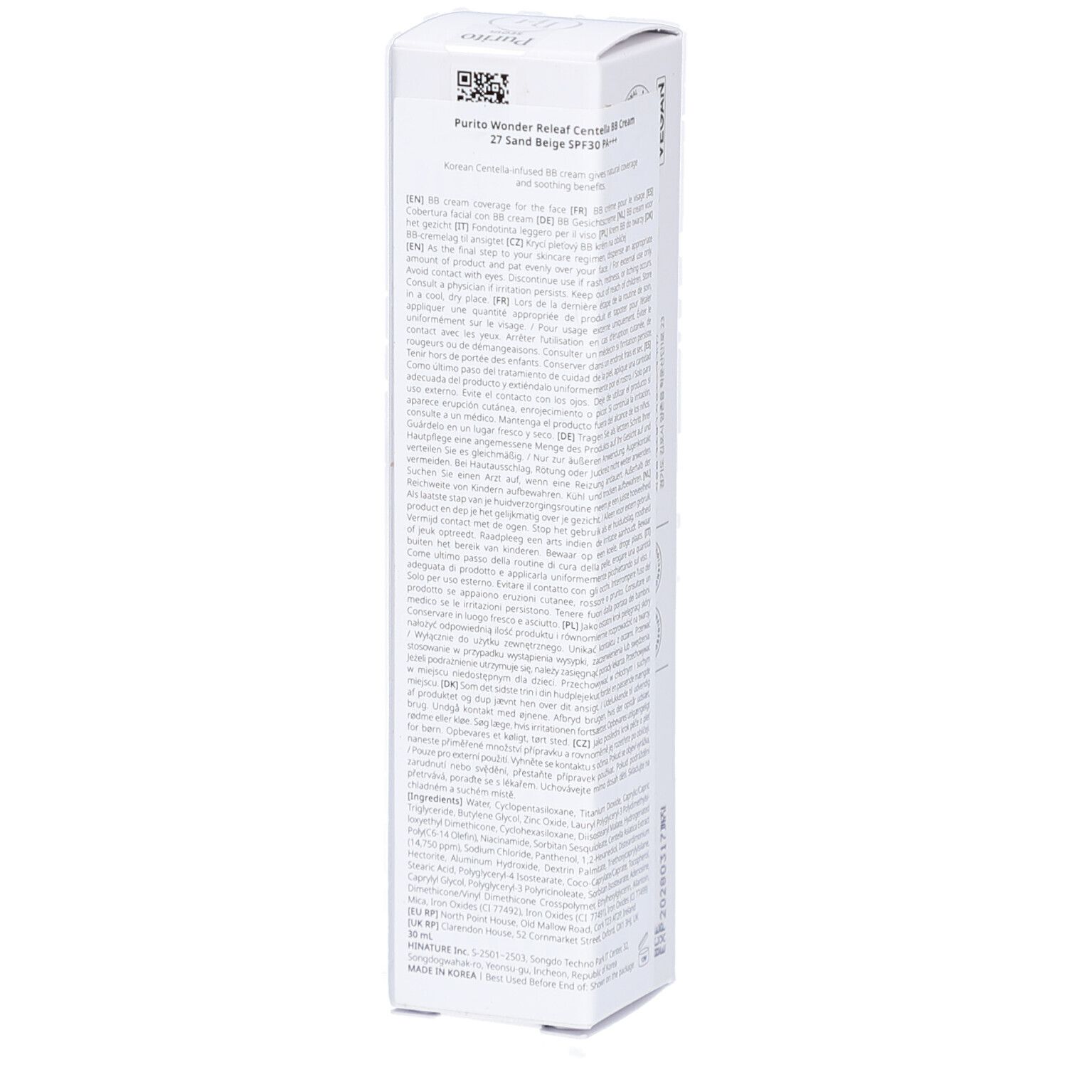 Weiße Verpackung mit Produktinformationen. Enthält BB Cream. Marke Purito. Rückseite mit Text und Barcode.