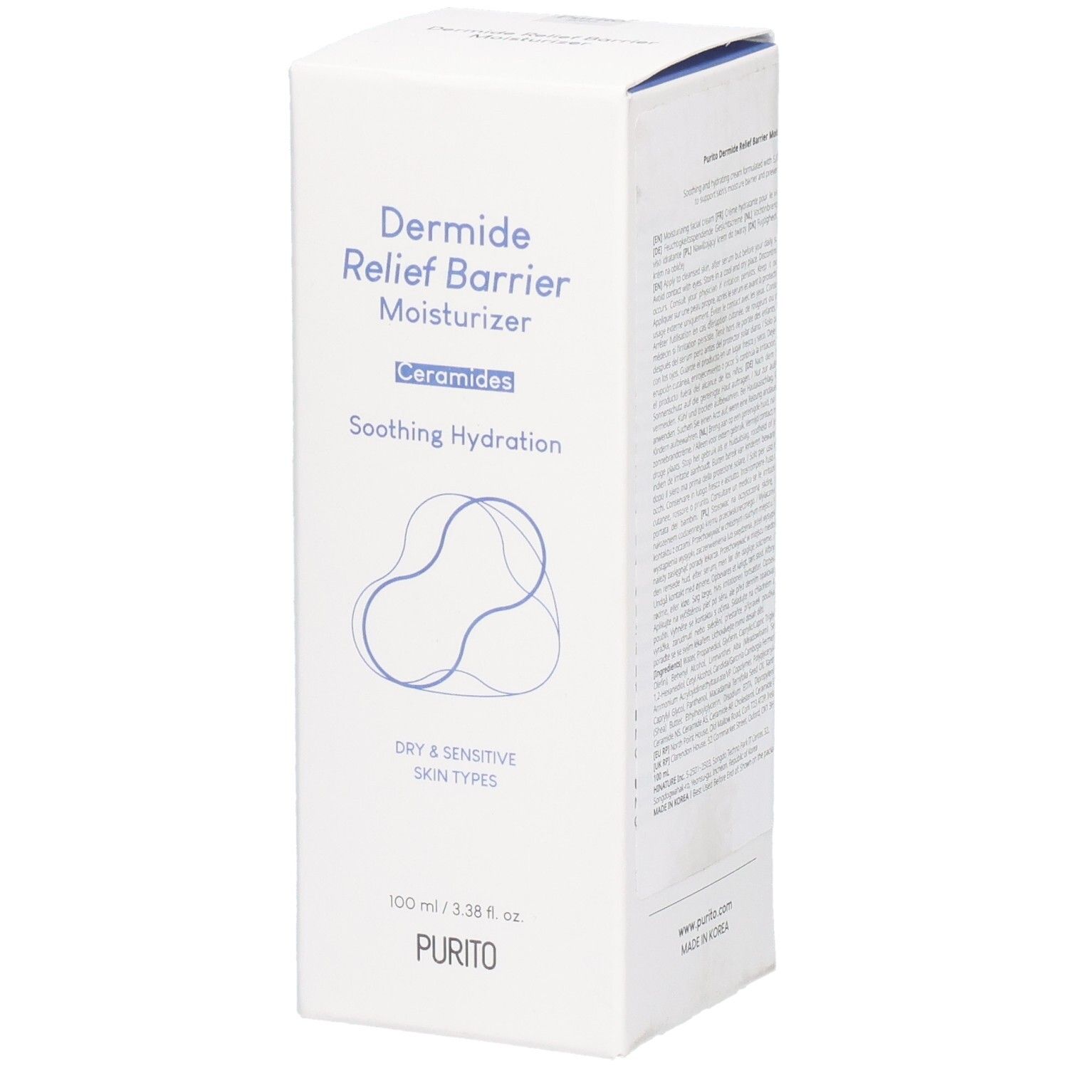Weiße Produktverpackung mit blauer Schrift. Enthält „Dermide Relief Barrier Moisturizer“ und „PURITO“. 100 ml.