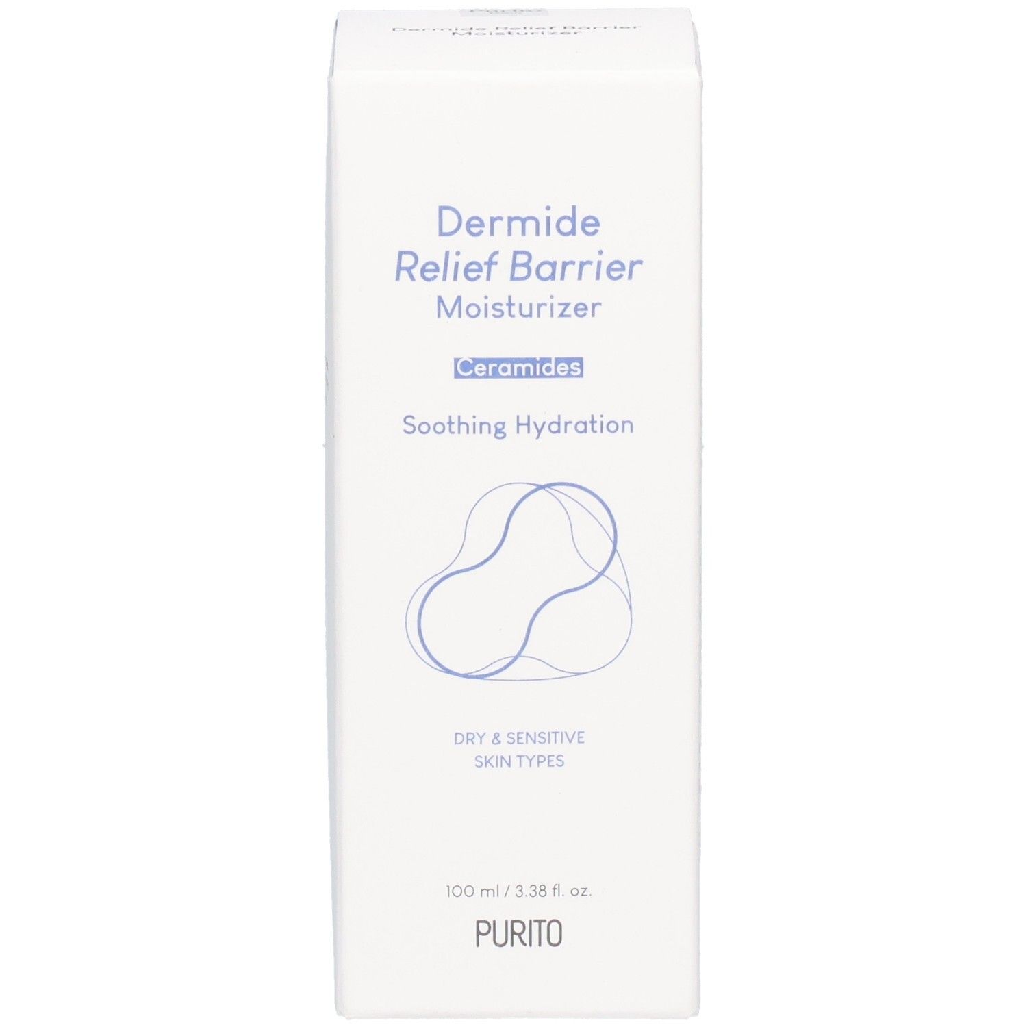 Weiße Produktverpackung mit blauer Schrift. Enthält „Dermide Relief Barrier Moisturizer“ und „PURITO“. 100 ml.