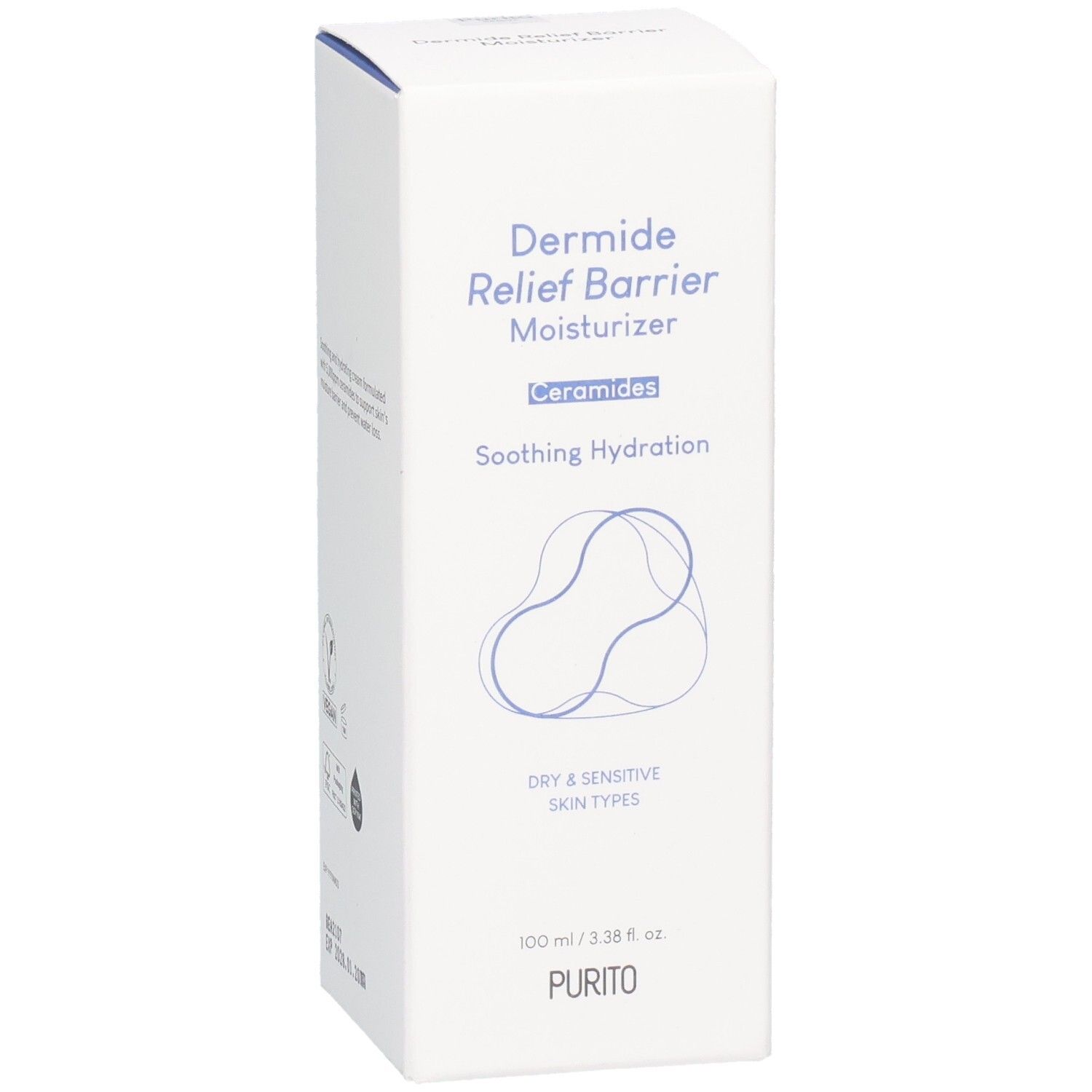 Weiße Produktverpackung mit blauer Schrift. Enthält „Dermide Relief Barrier Moisturizer“ und „PURITO“. 100 ml.