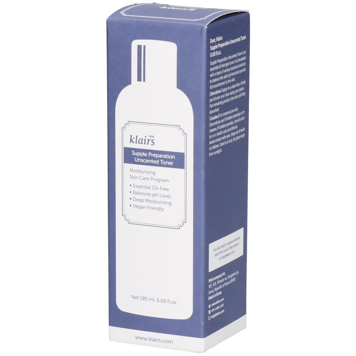 Klairs Supple Preparation Unscented Toner Kartonverpackung mit Tonerflasche abgebildet.