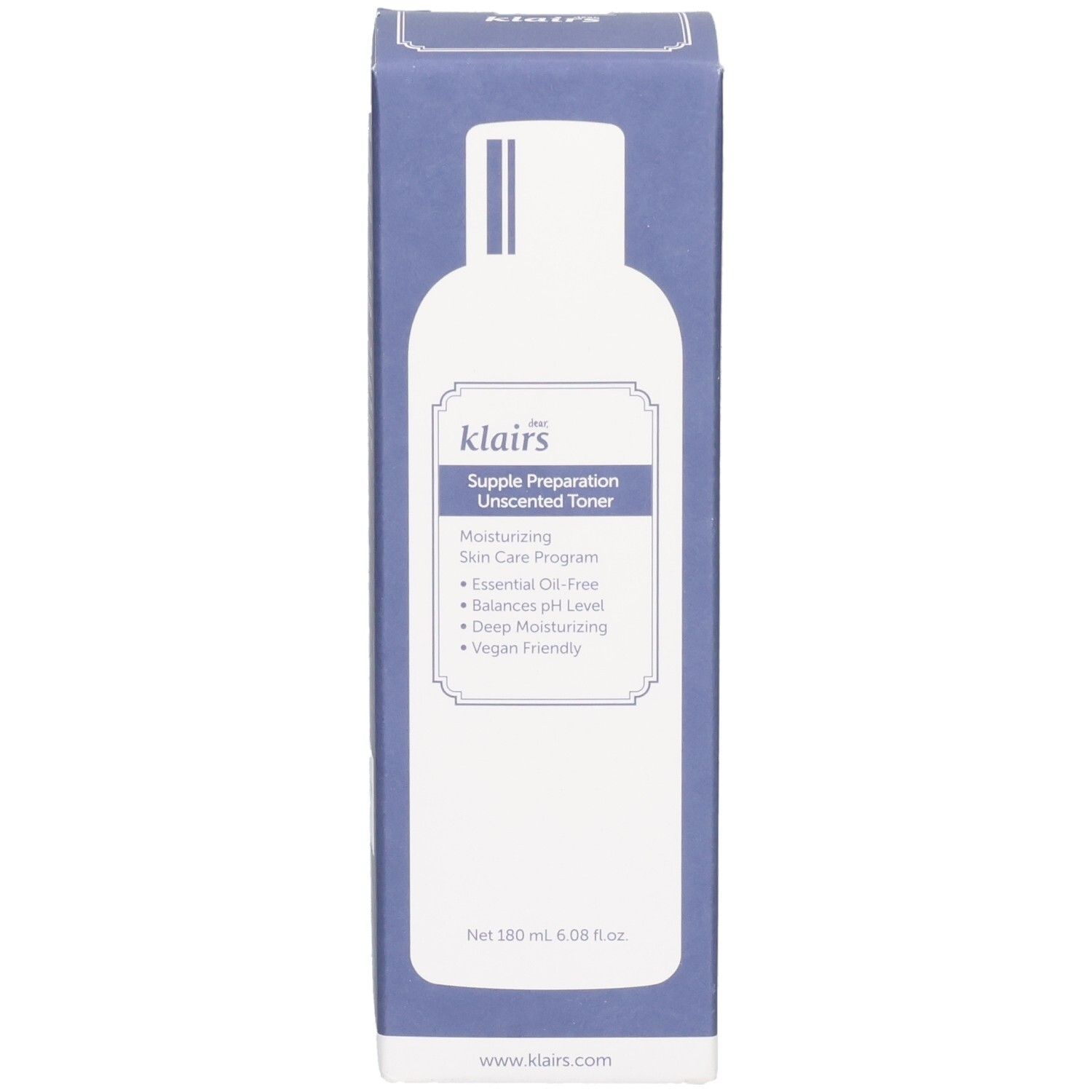 Blaue Verpackung. Aufschrift: Dear Klairs Supple Preparation Unscented Toner. Flaschenabbildung. Text.
