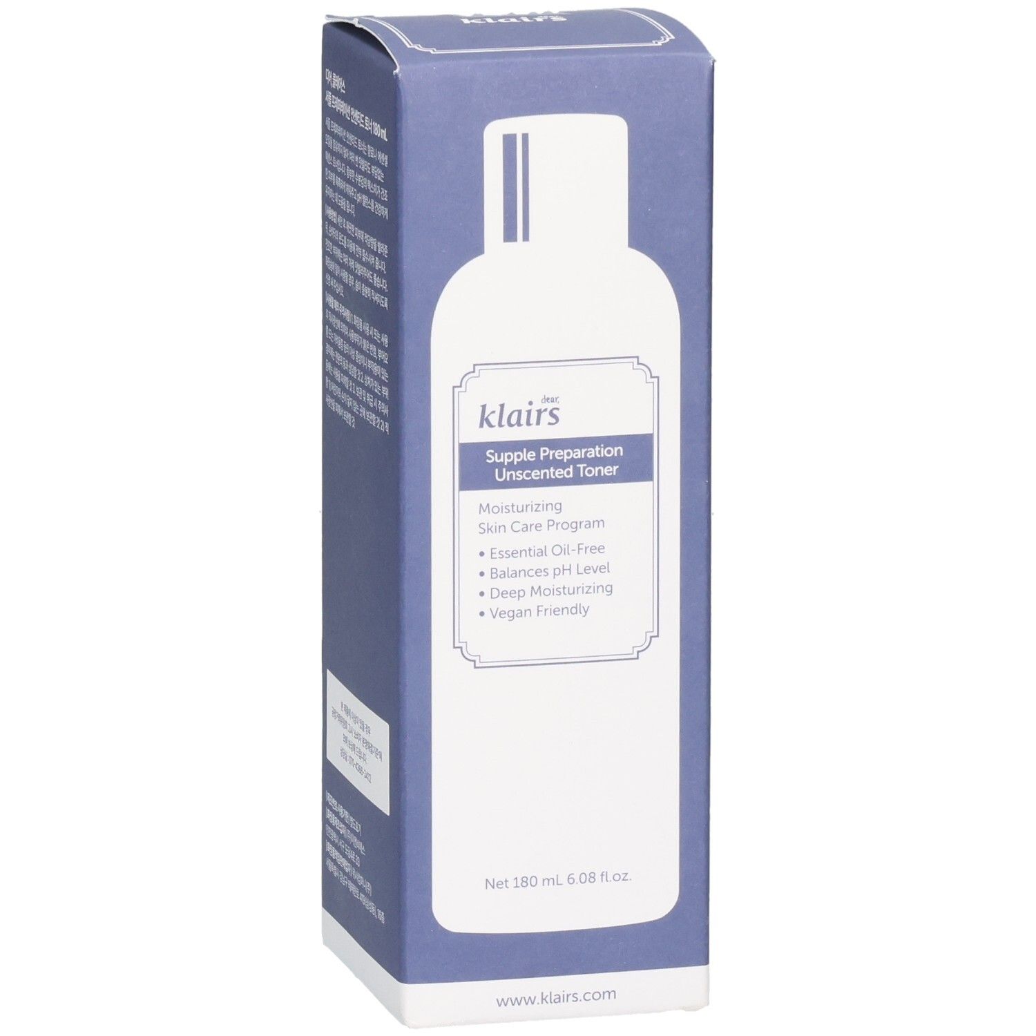 Blaue Verpackung. Aufschrift: Dear Klairs Supple Preparation Unscented Toner. Flaschenabbildung. Text.