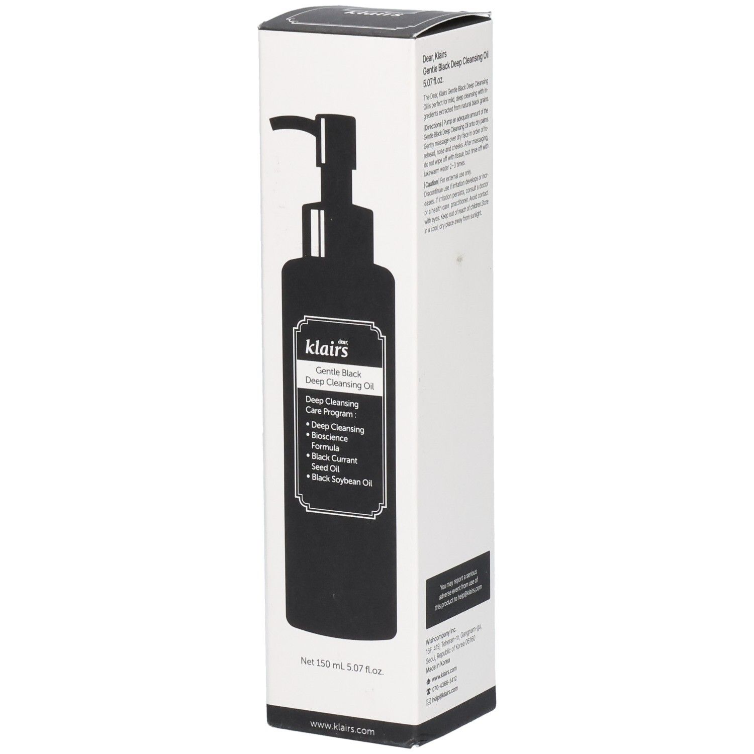 Weiße Verpackung mit schwarzer Produktabbildung. Text: Gentle Black Deep Cleansing Oil. Pumpe. Vegan-Logo.