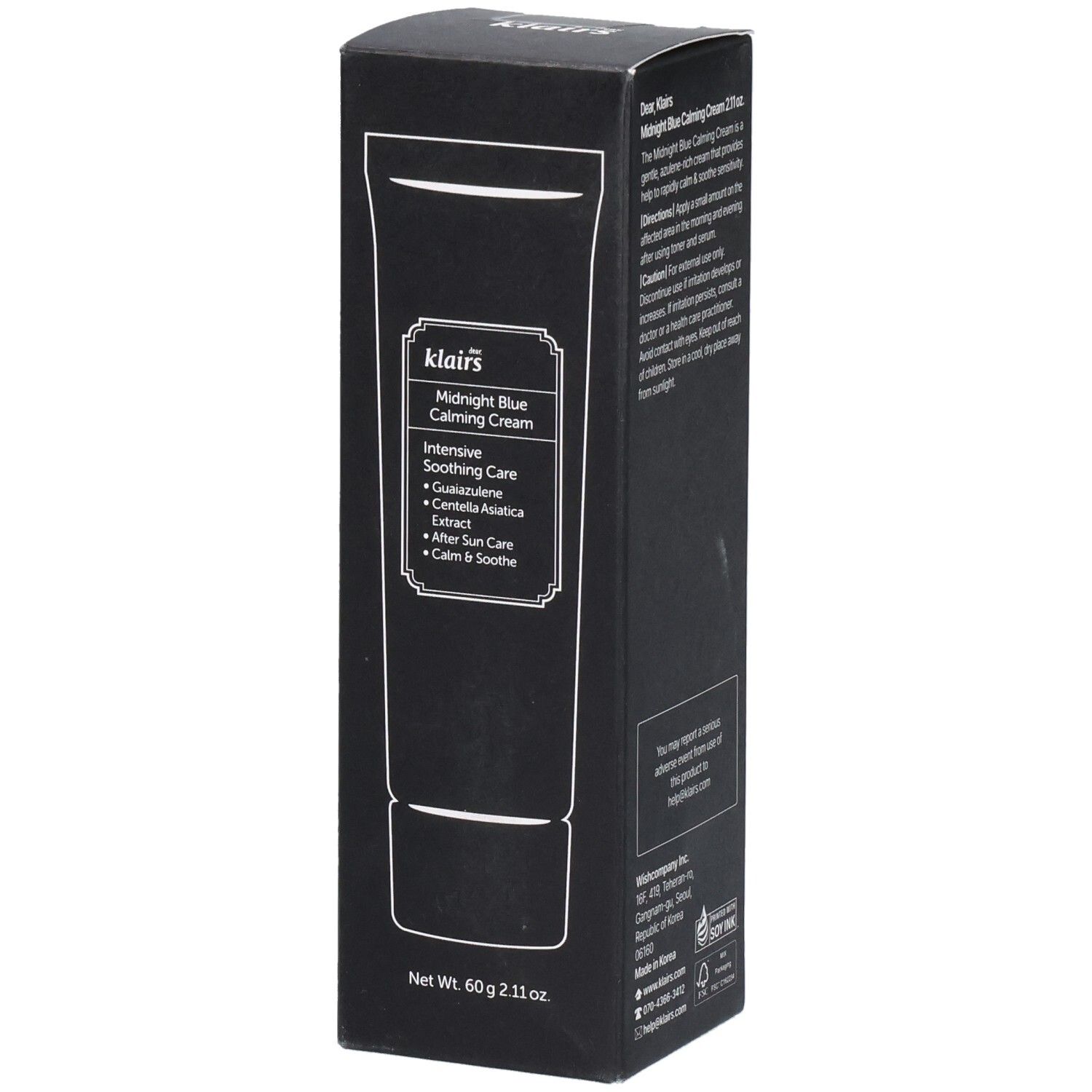 Schwarze Produktverpackung. Aufdruck: Midnight Blue Calming Cream. Text: Intensive Soothing Care. Marke: Klairs.
