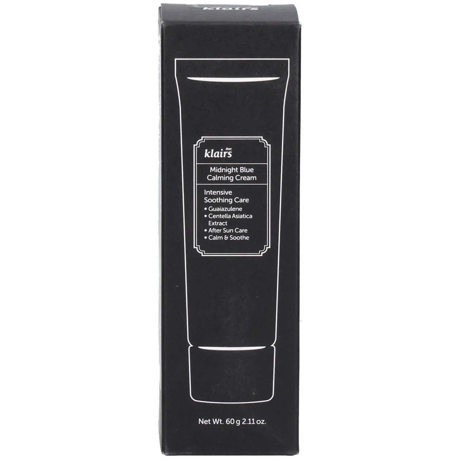 Schwarze Produktverpackung. Aufdruck: Midnight Blue Calming Cream. Text: Intensive Soothing Care. Marke: Klairs.