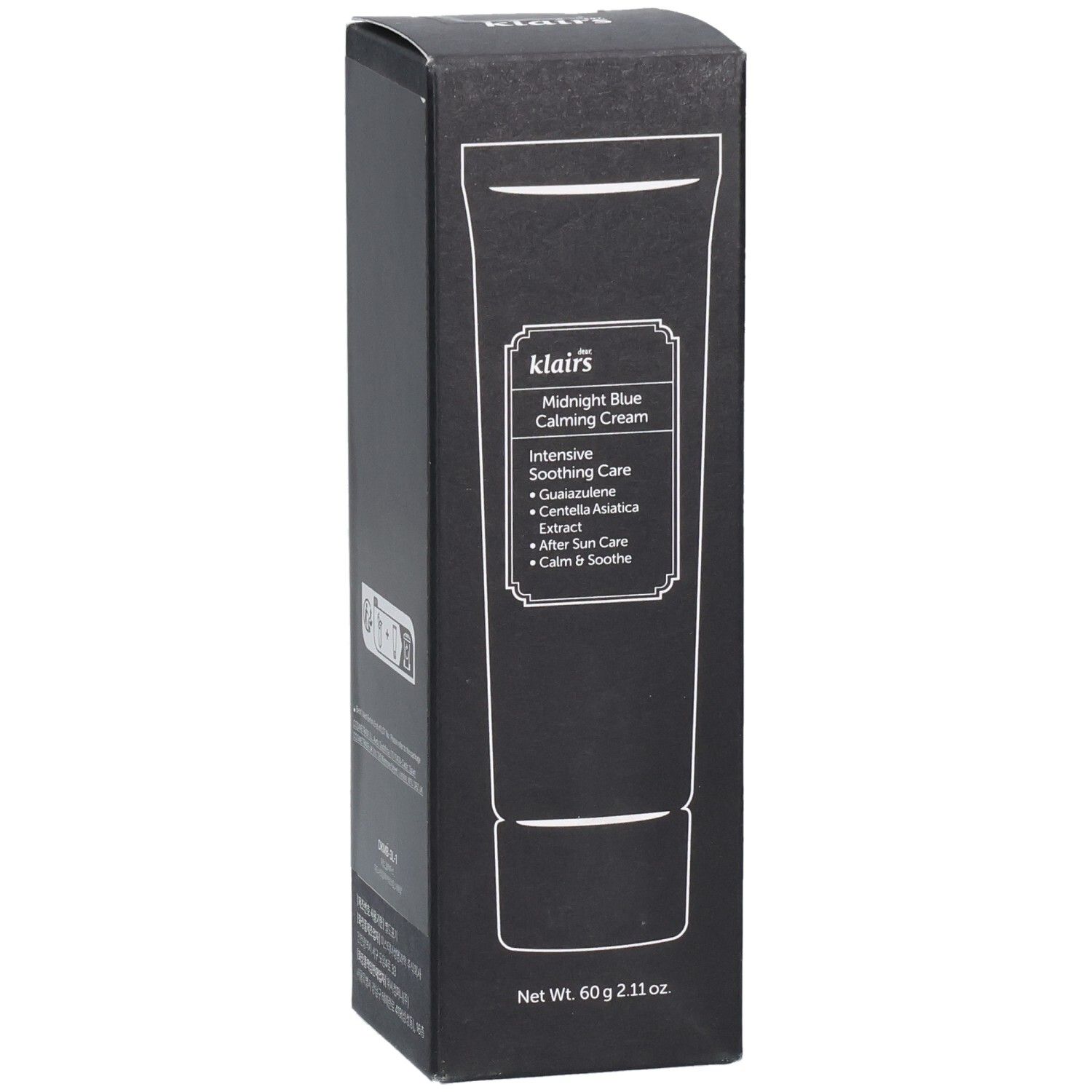 Schwarze Produktverpackung. Aufdruck: Midnight Blue Calming Cream. Text: Intensive Soothing Care. Marke: Klairs.