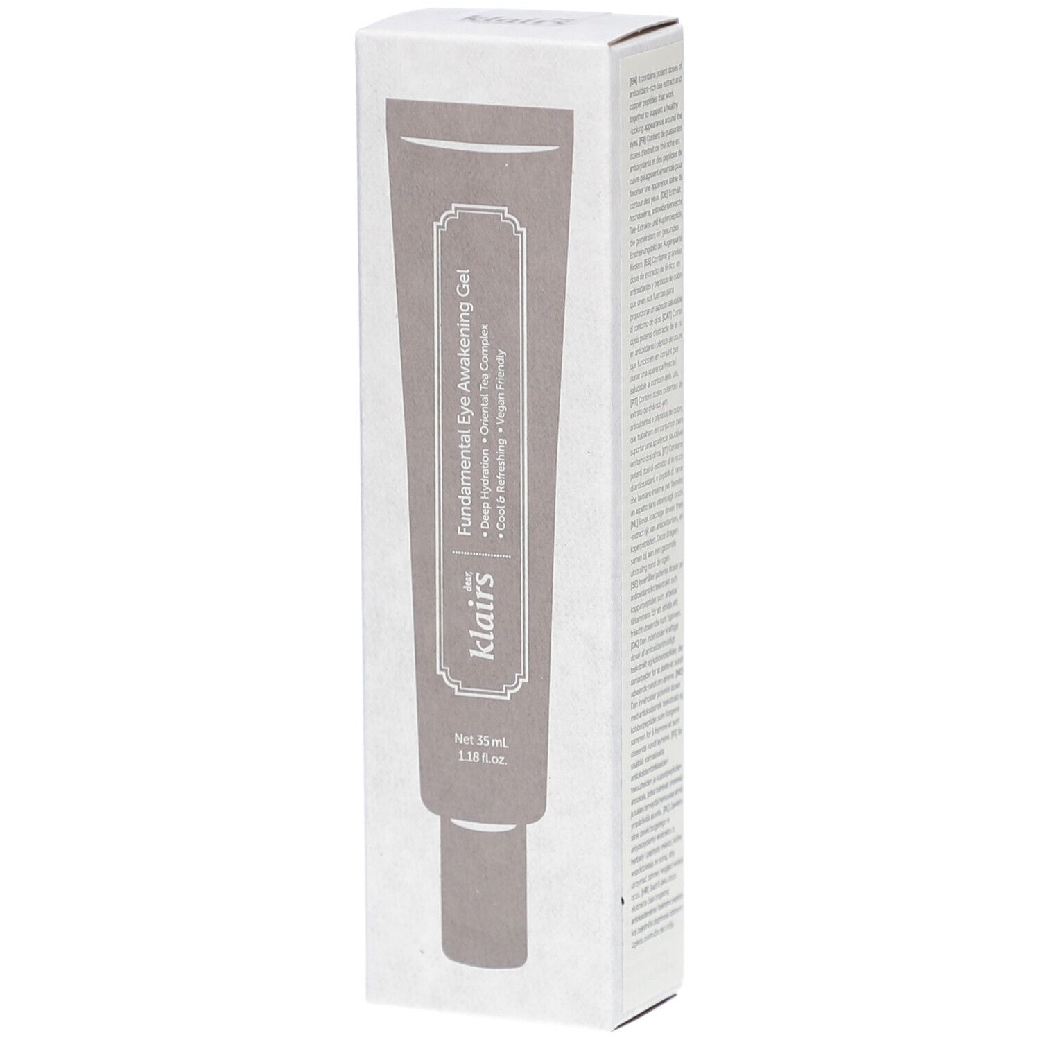 Klairs Fundamental Eye Awakening Gel in Verpackung. Tube und Karton mit Produktinformationen. Graue Farbe.
