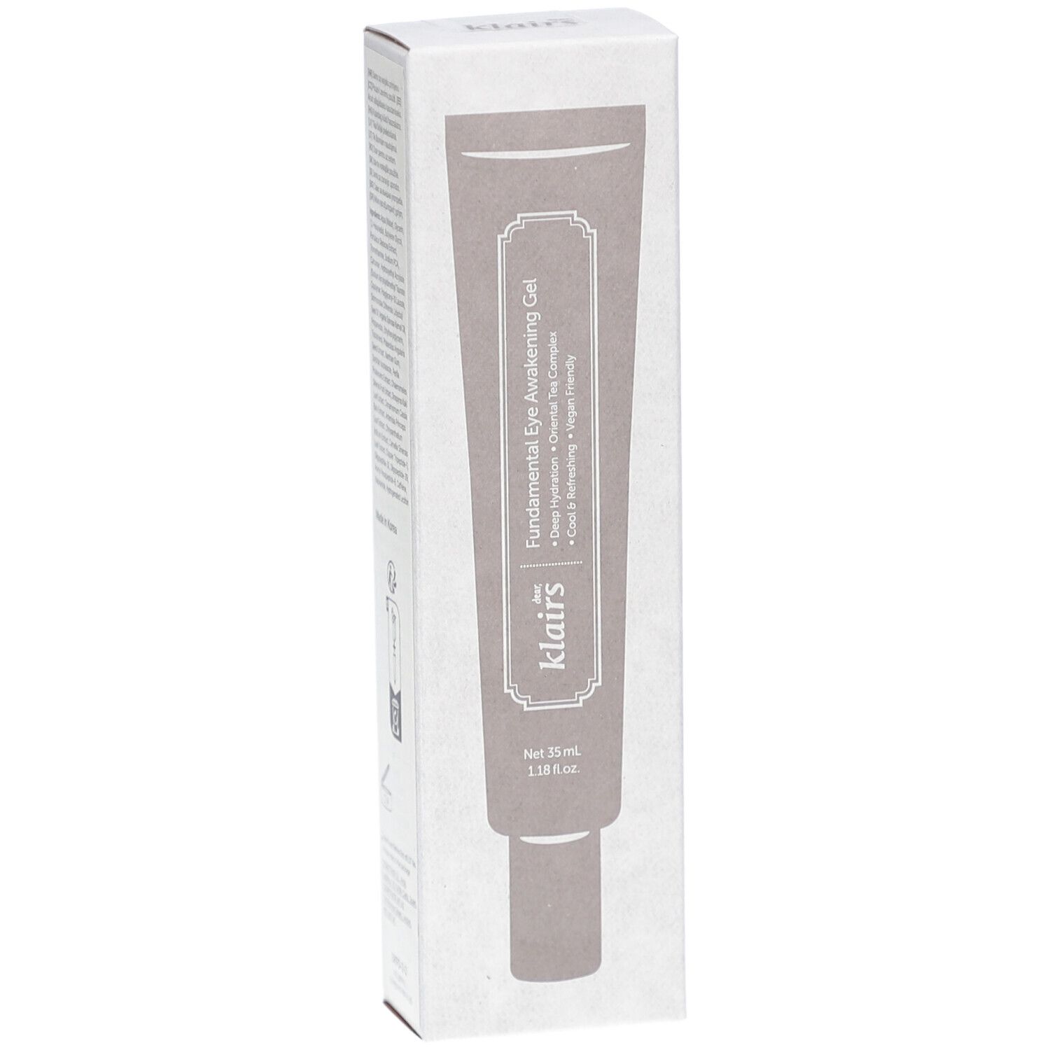 Klairs Fundamental Eye Awakening Gel in Verpackung. Tube und Karton mit Produktinformationen. Graue Farbe.