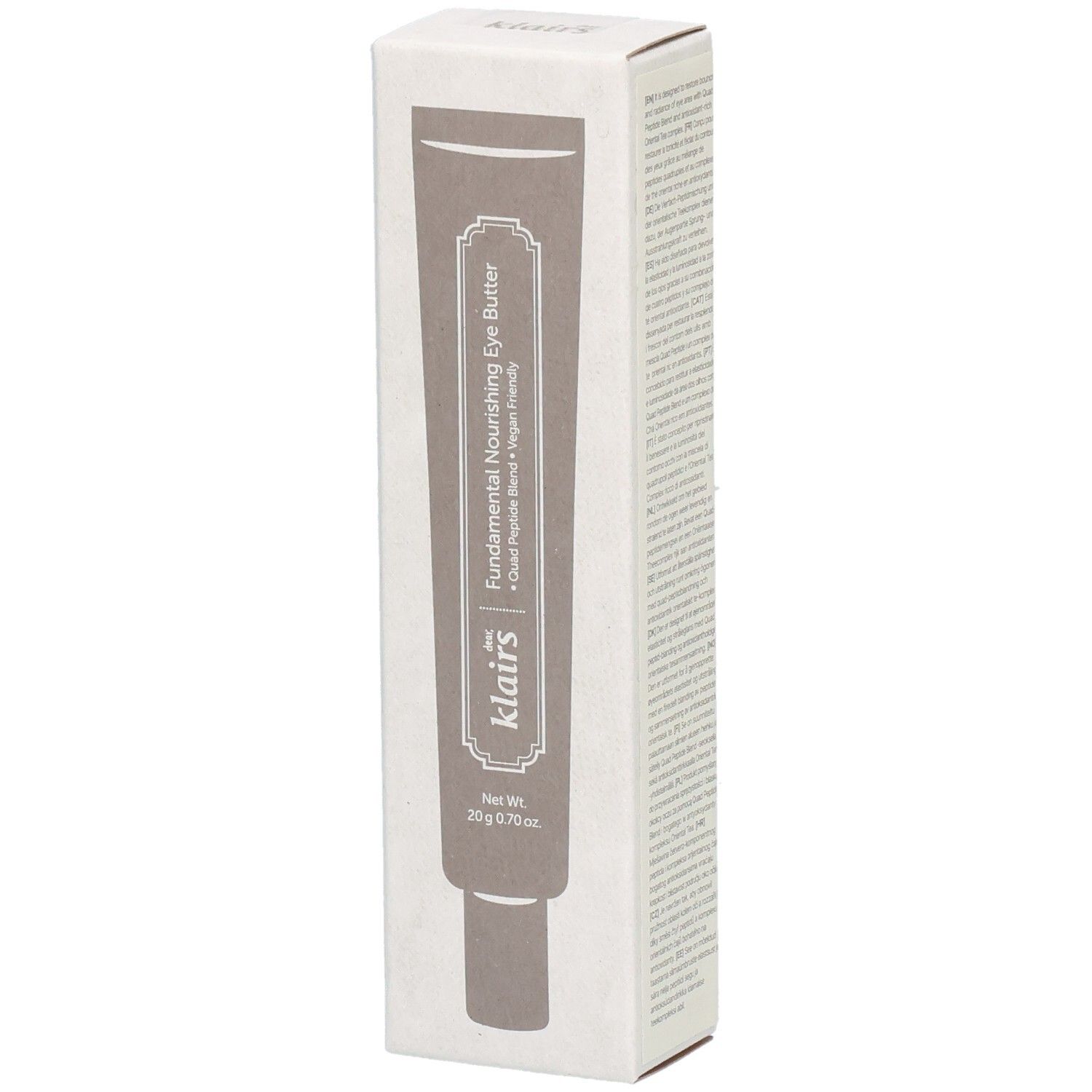 Kartonverpackung mit Produktabbildung. Aufdruck: „Fundamental Nourishing Eye Butter“ und „dear, klairs“. Nettoinhalt: 20 g / 0.70 oz.