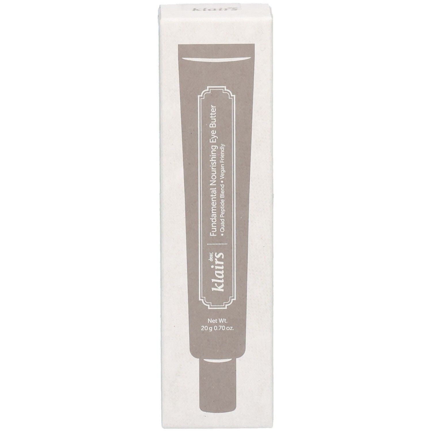 Kartonverpackung mit Produktabbildung. Aufdruck: „Fundamental Nourishing Eye Butter“ und „dear, klairs“. Nettoinhalt: 20 g / 0.70 oz.