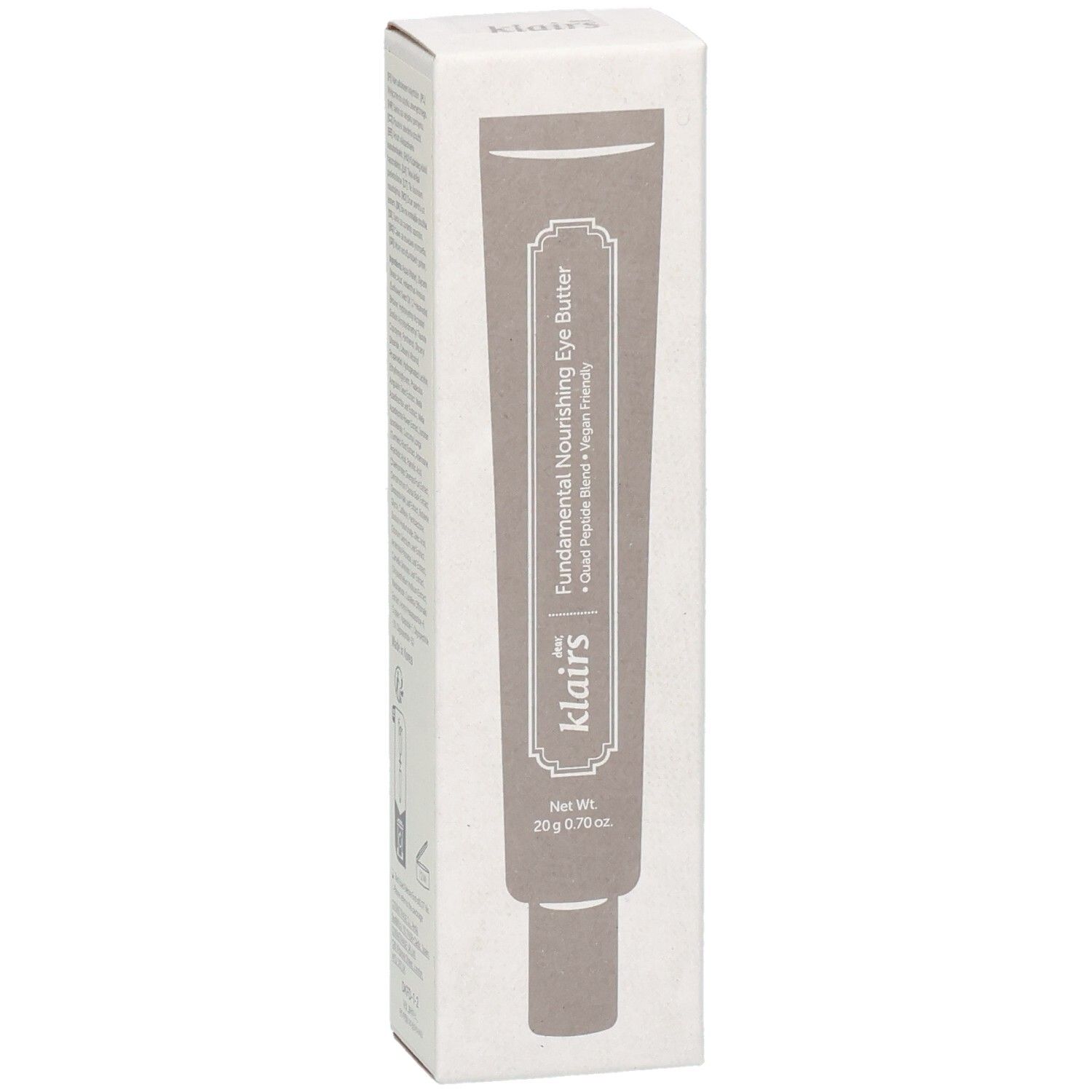 Kartonverpackung mit Produktabbildung. Aufdruck: „Fundamental Nourishing Eye Butter“ und „dear, klairs“. Nettoinhalt: 20 g / 0.70 oz.