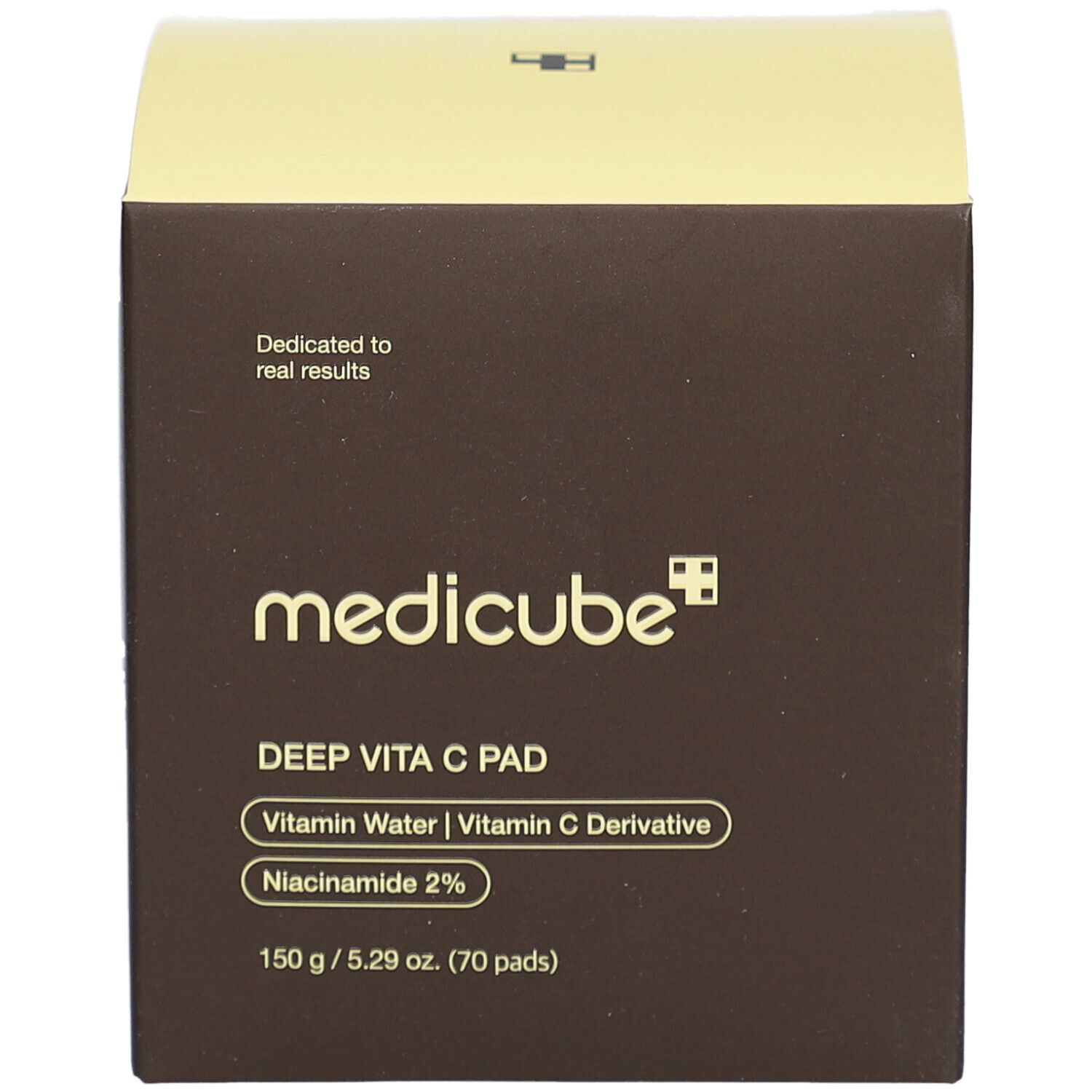 Braune Box mit gelbem Deckel. Aufschrift: medicube, DEEP VITA C PAD, Vitamin Water, Vitamin C Derivative, Niacinamide 2%.