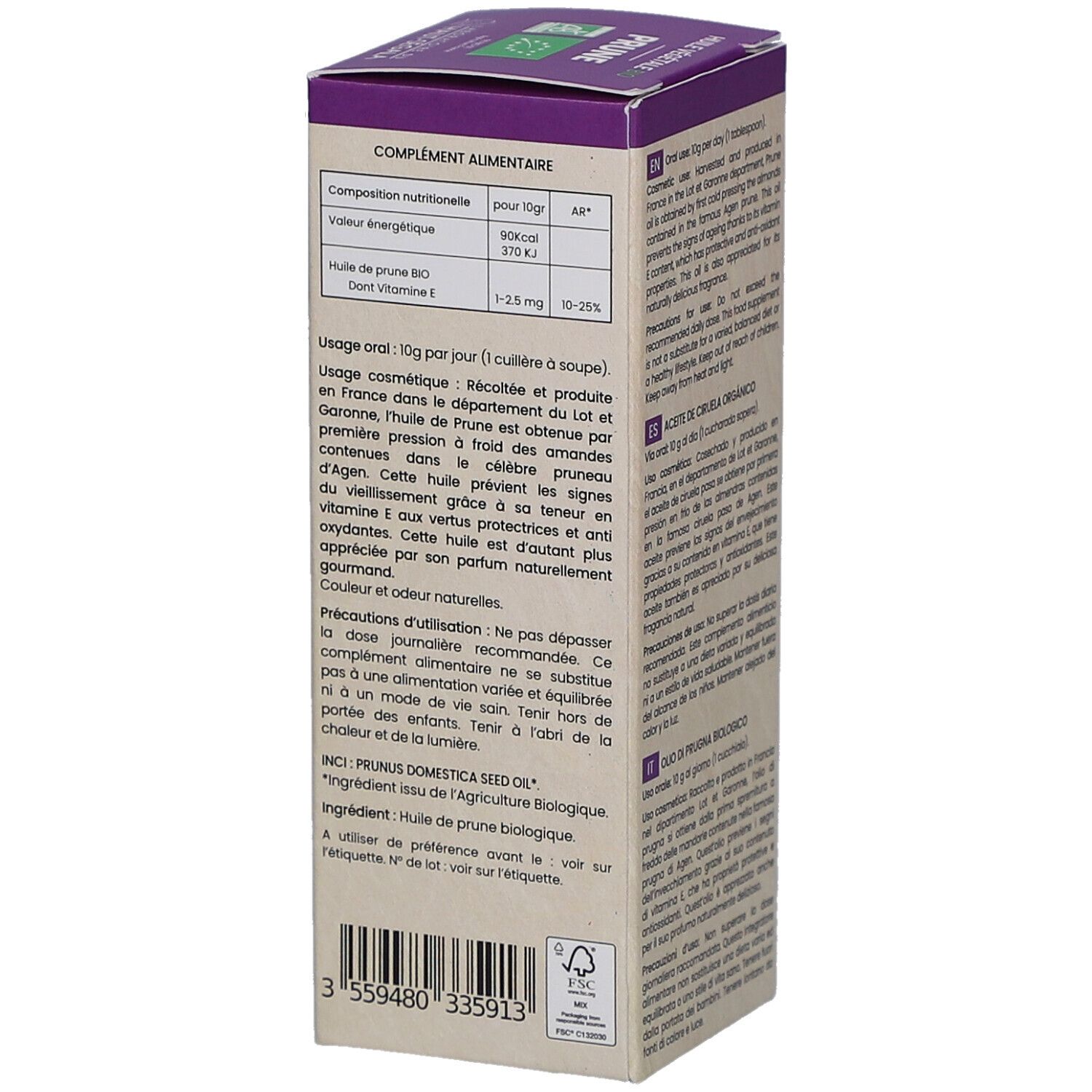 Rückseite der Produktverpackung. Text in Französisch. Informationen zur Anwendung und Inhaltsstoffe. Nährwertangaben.