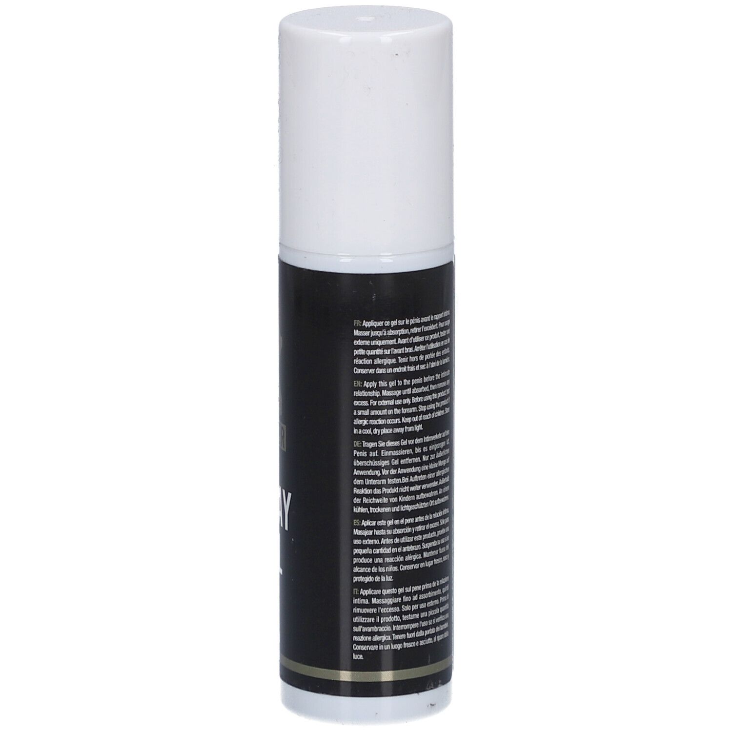 Rückseite der Xpower Delay Gel Flasche mit Anwendungshinweisen in mehreren Sprachen.