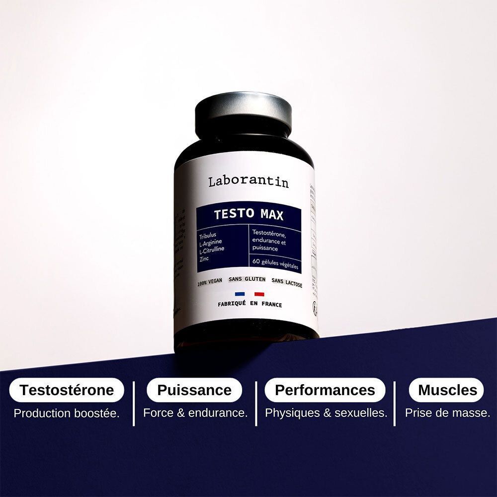 Flacon Laborantin Testo Max. Graphique bleu avec texte: Testostérone, Puissance, Performances, Muscles.