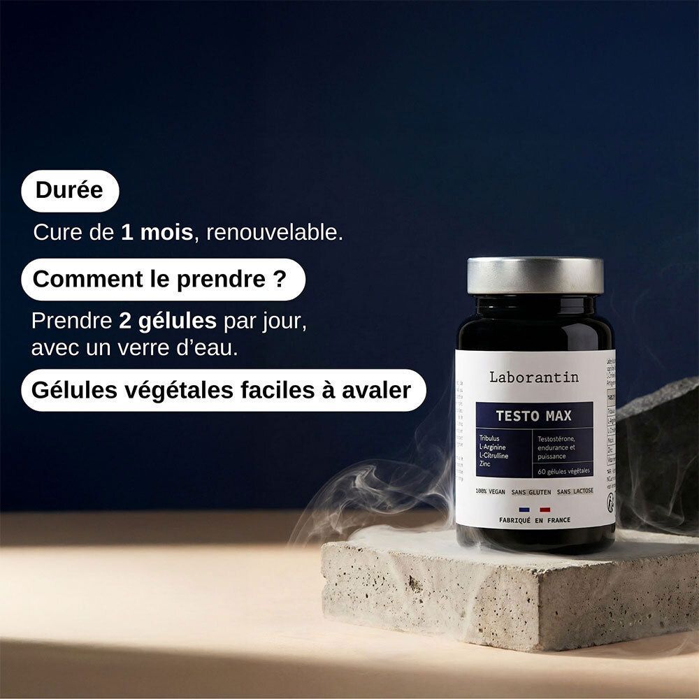 Flacon Laborantin Testo Max. Texte: Cure d'1 mois, renouvelable. Prendre 2 gélules par jour avec de l'eau. Gélules végétales.