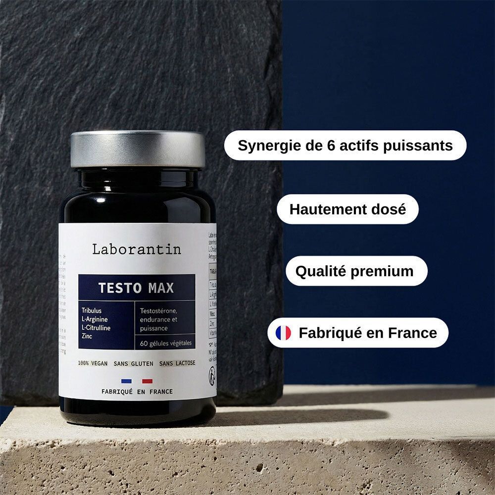 Flacon Laborantin Testo Max. Texte: Synergie de 6 actifs puissants, Hautement dosé, Qualité premium, Fabriqué en France.