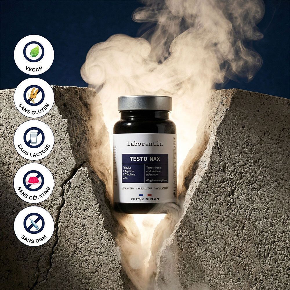 Flacon Laborantin Testo Max. Symboles: Vegan, Sans gluten, Sans lactose, Sans gélatine, Sans OGM.