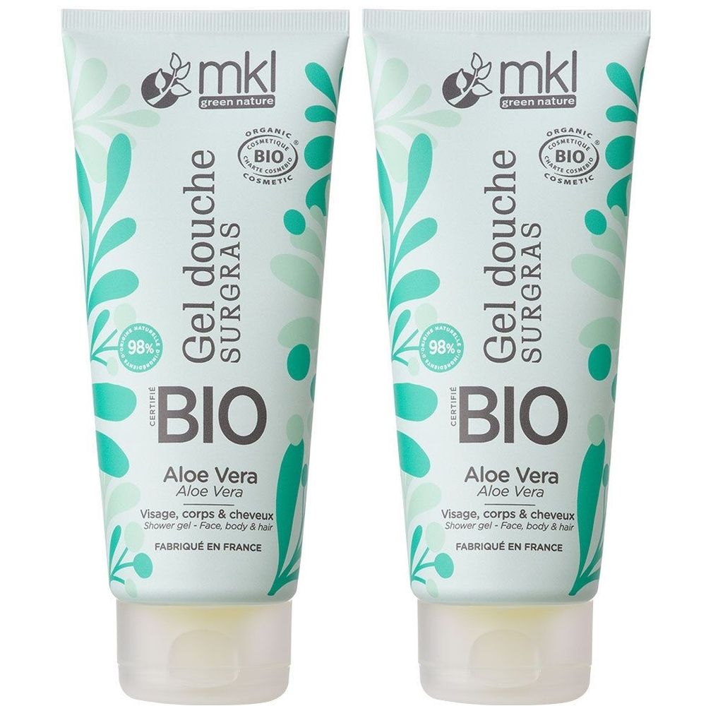 Zwei Tuben Duschgel mit Aloe Vera. Weiße Tuben mit grünen Verzierungen und Schriftzug. BIO-Zertifizierung.