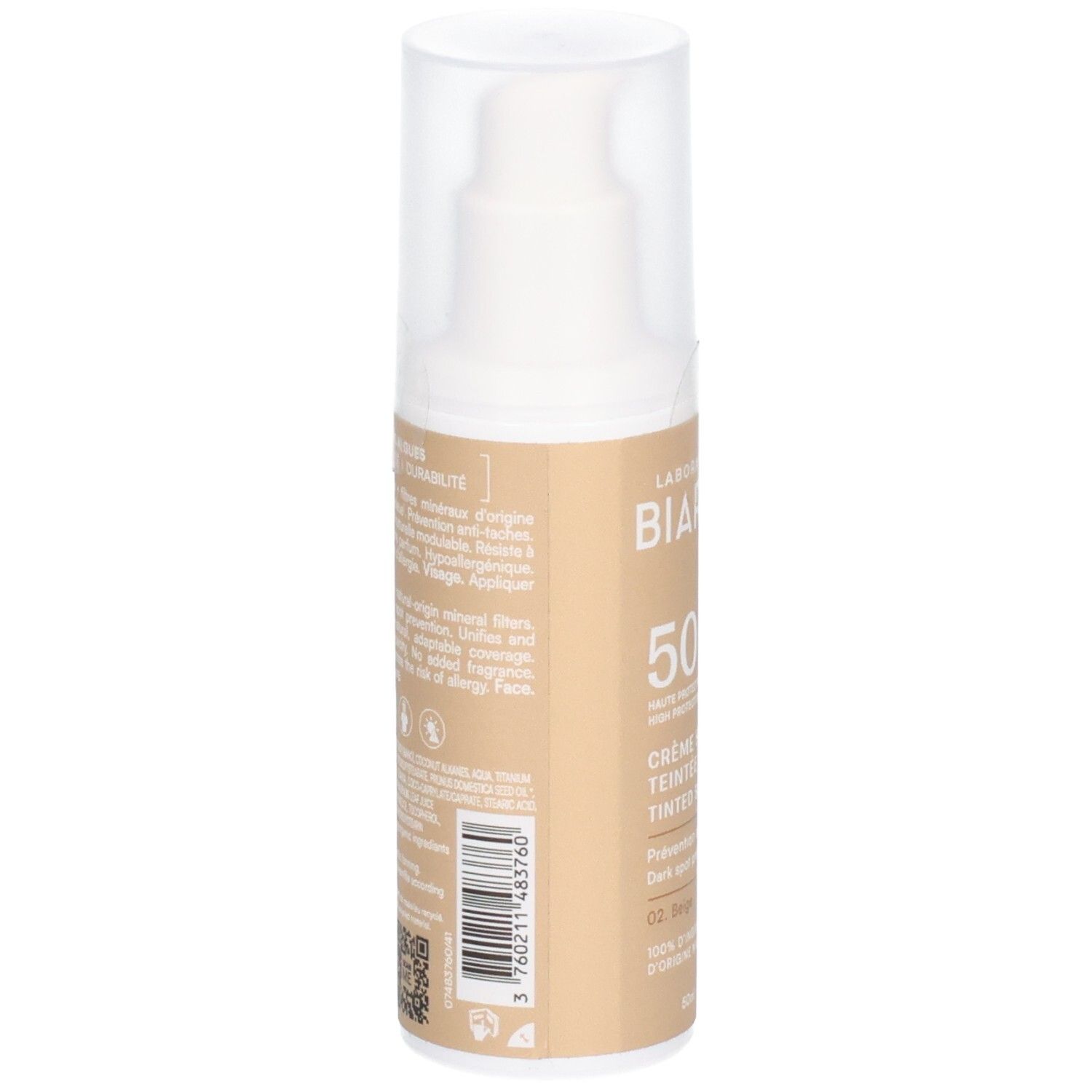 Rückseite der Sonnencreme-Flasche. Text mit Inhaltsstoffen und Informationen. Barcode und Zertifizierungen.