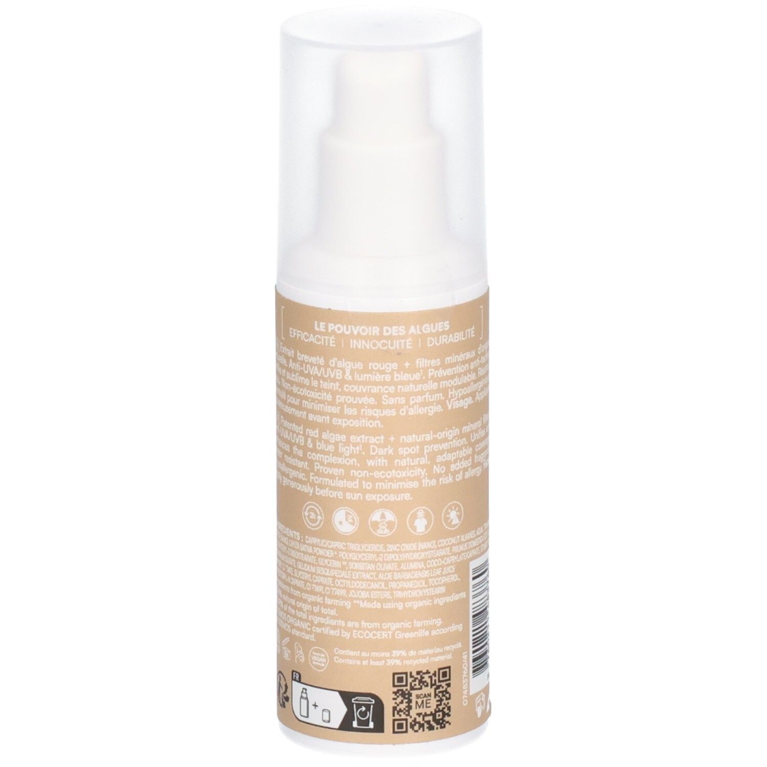 Rückseite der Sonnencreme-Flasche mit Text. Informationen zu Inhaltsstoffen und Anwendung. QR-Code.