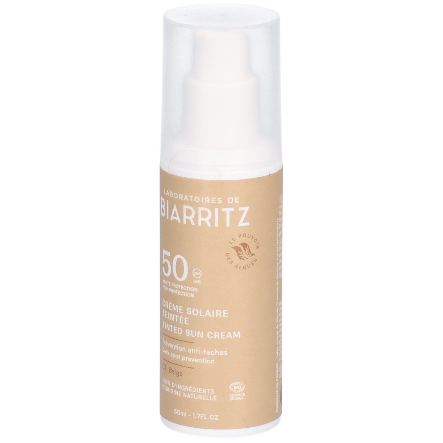Beige getönte Sonnencreme-Flasche mit Pumpverschluss. Aufschrift: Laboratoires de Biarritz, SPF 50, Crème Solaire Teintée, 02 Beige.