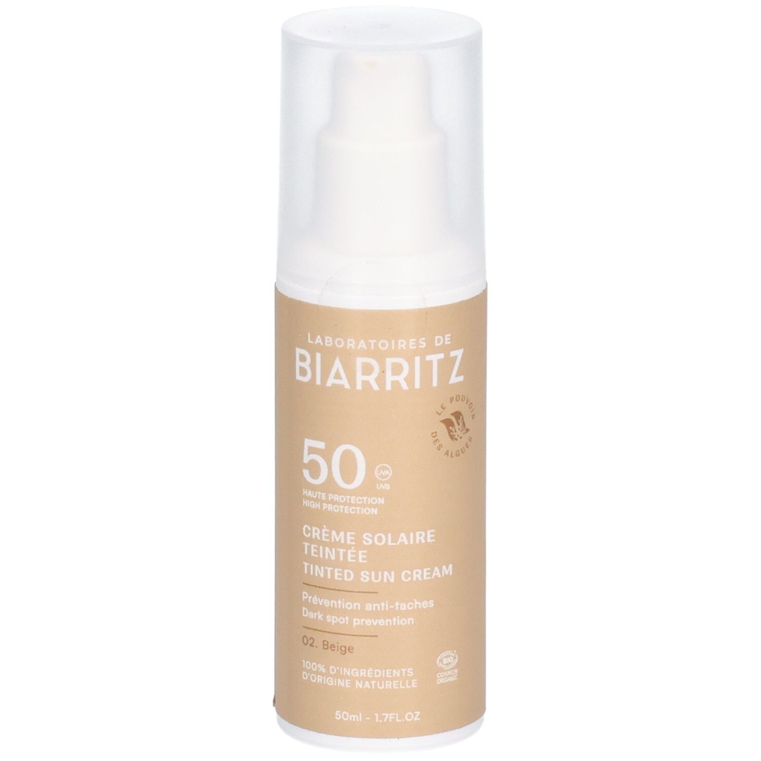 Beige getönte Sonnencreme-Flasche mit Pumpverschluss. Aufschrift: Laboratoires de Biarritz, SPF 50, Crème Solaire Teintée, 02 Beige.