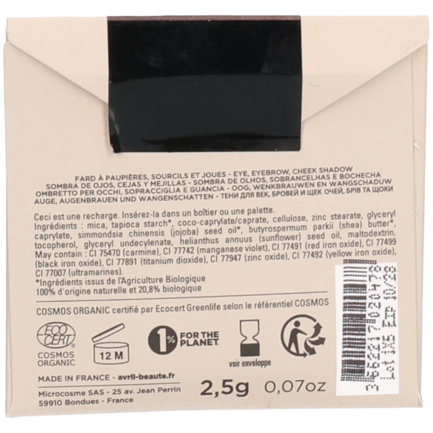 Rückseite der Nachfüllung. Enthält Inhaltsstoffe, Zertifizierungen und Informationen. Gewicht: 2,5g/0,07oz. COSMOS ORGANIC.