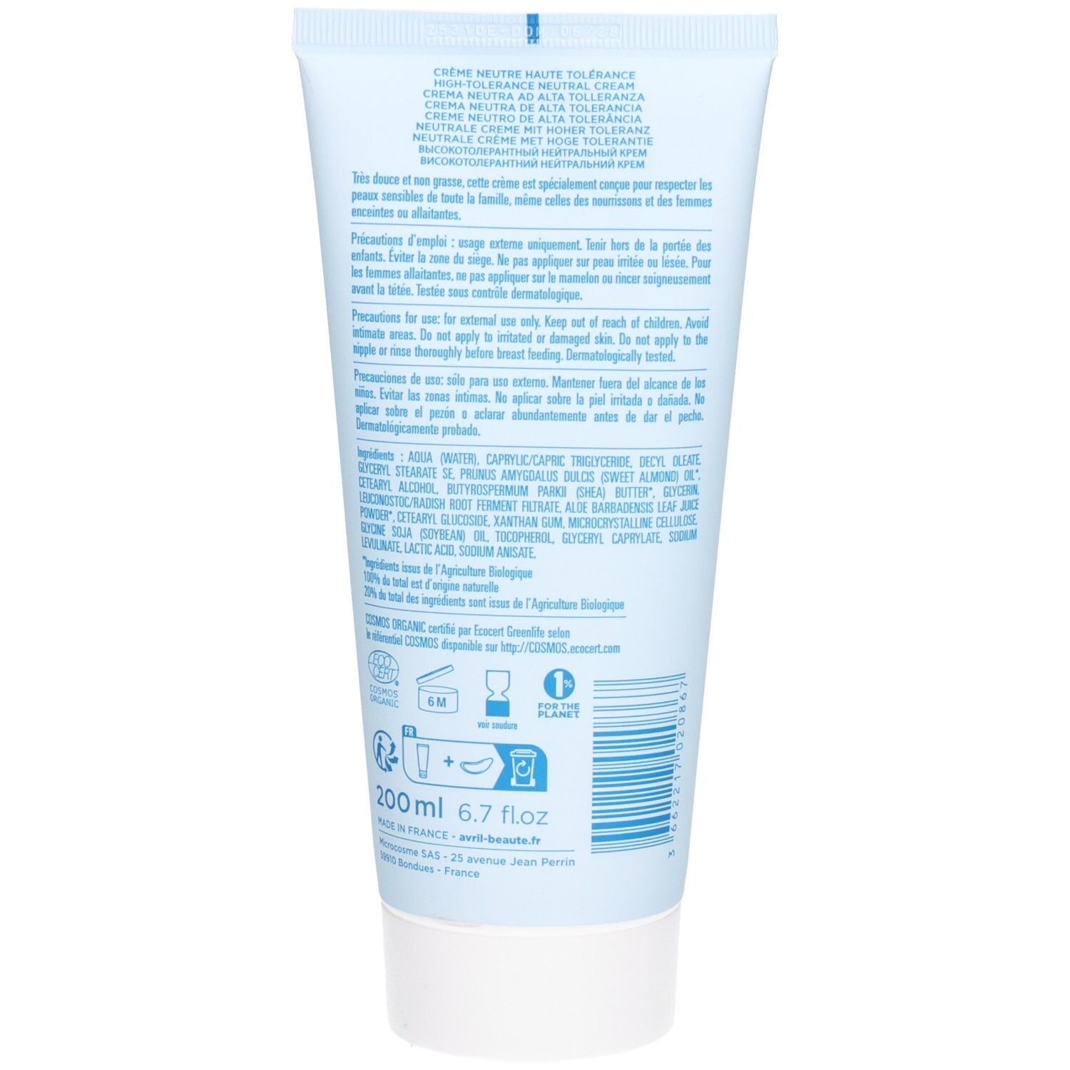 Rückseite der Tube. Text: Crème Neutre Haute Tolérance. Inhaltsstoffe, Hinweise, Zertifizierungen. 200 ml.