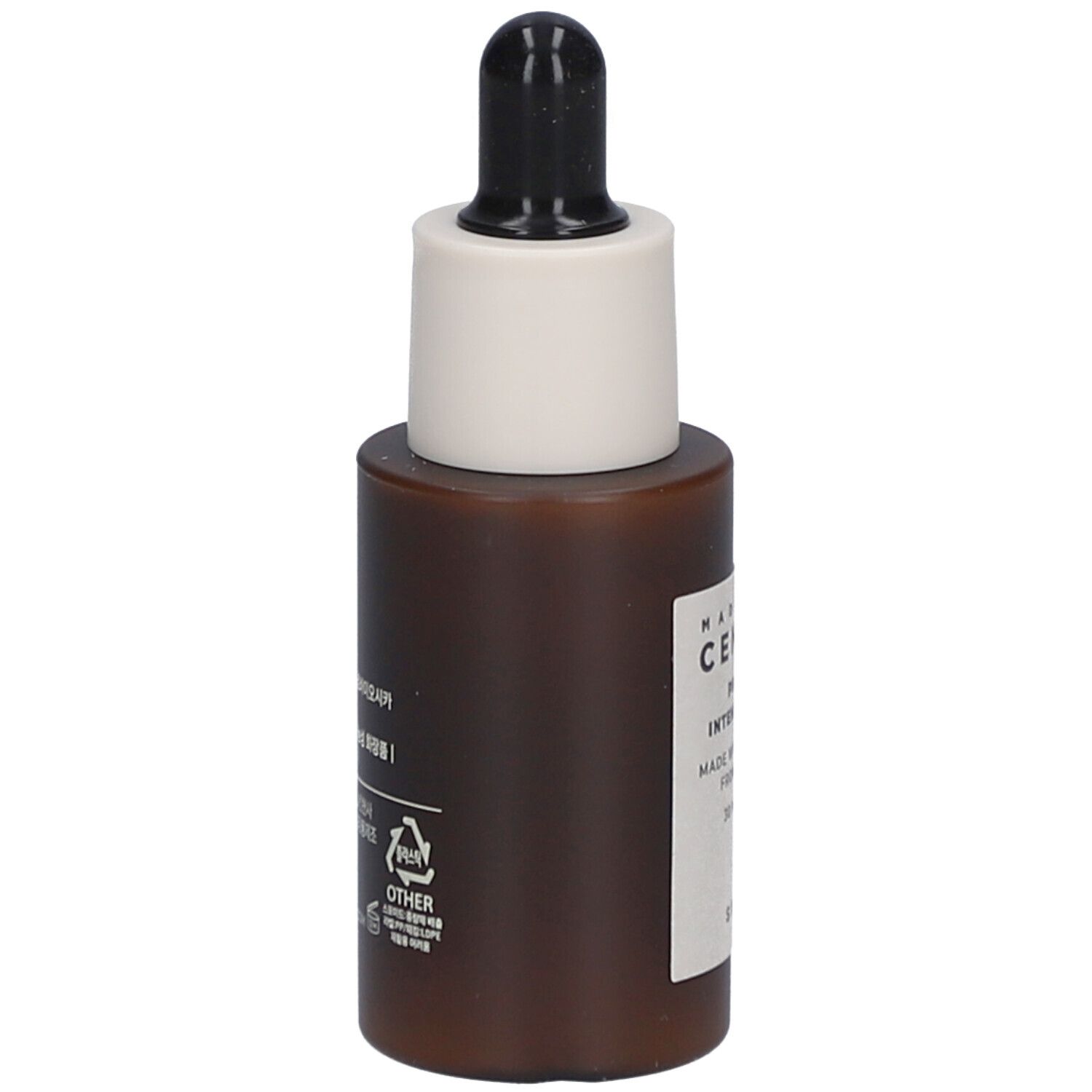 Braune Serumflasche mit weißem Aufsatz und schwarzer Pipette. Etikett mit Text. SKIN1004.