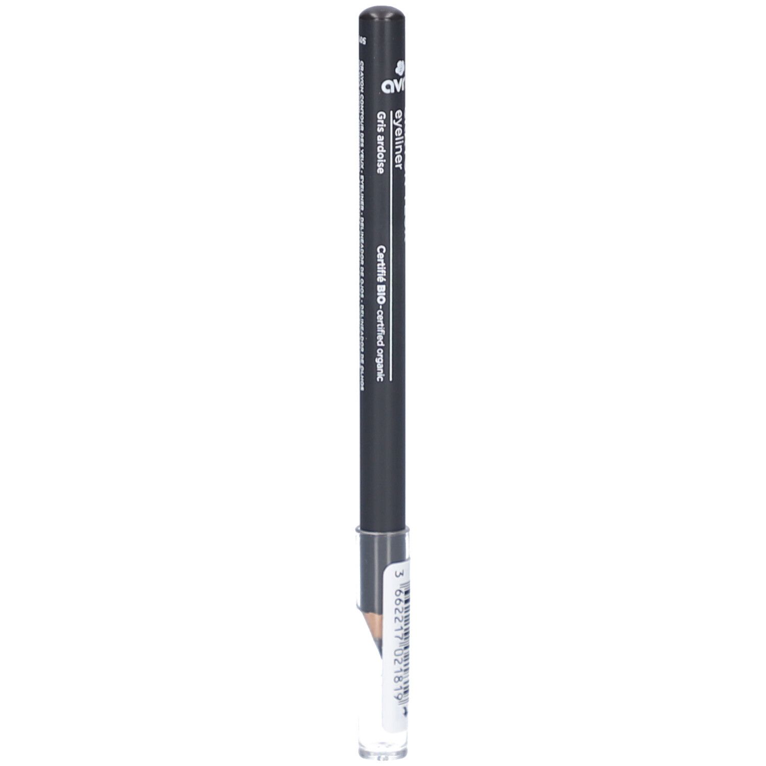 Grauer Kajalstift mit schwarzem Schaft. Aufschrift: eyeliner, gris ardoise. Zertifiziert bio. Mit weißem Etikett.