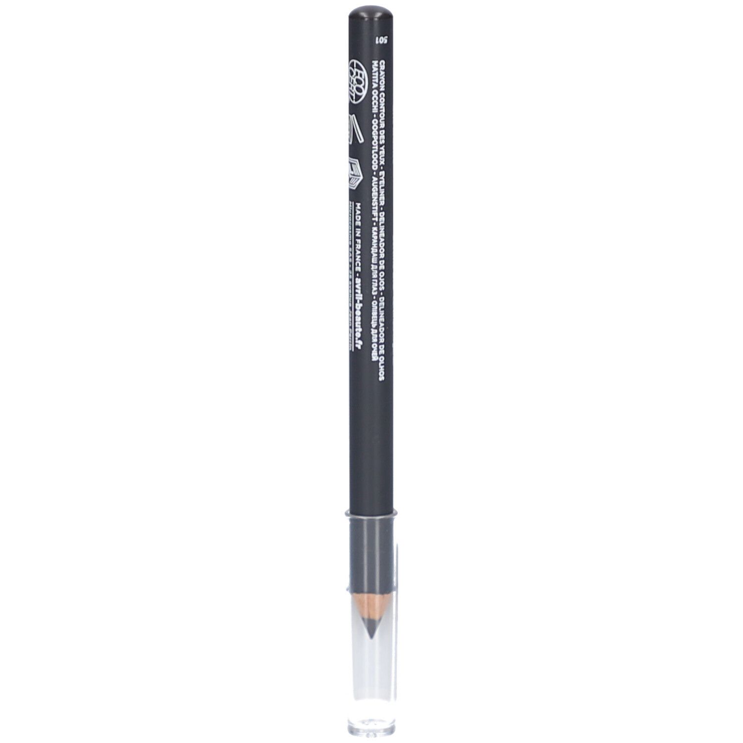Grauer Kajalstift mit schwarzem Schaft und transparenter Kappe. Aufschrift: eyeliner. Sichtbare Spitze.