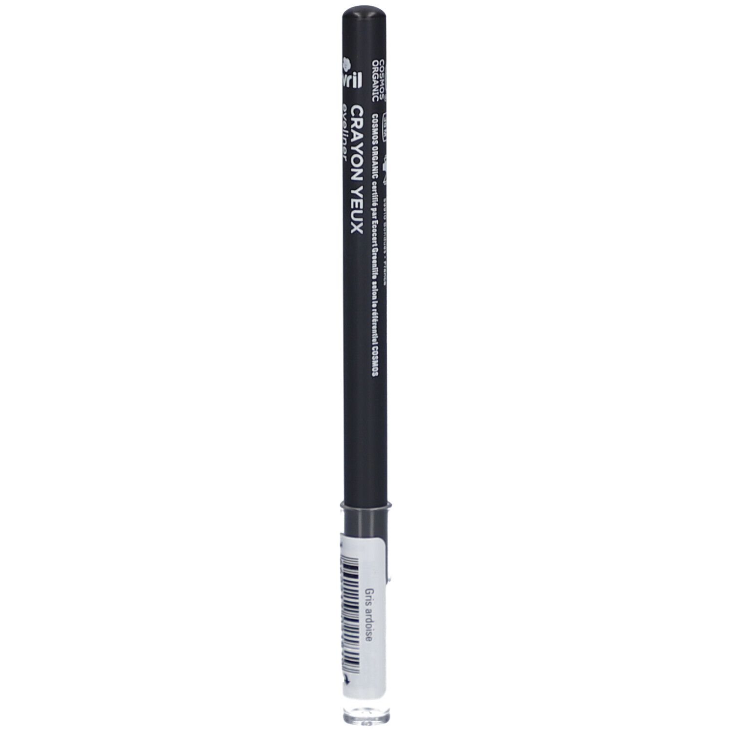Grauer Kajalstift mit schwarzem Schaft. Aufschrift: Crayon yeux, eyeliner. Mit weißem Etikett und Barcode.