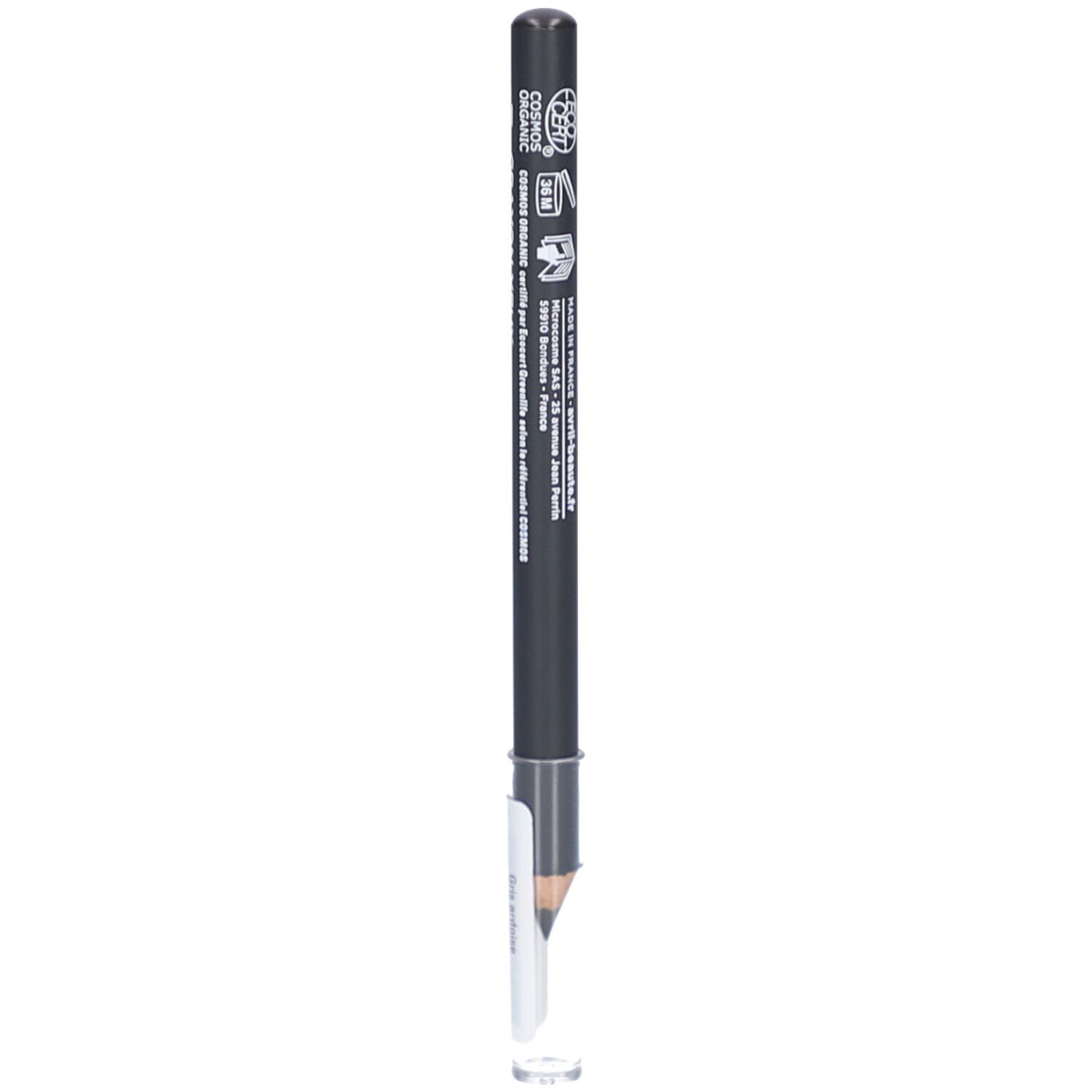 Grauer Kajalstift mit schwarzem Schaft. Aufschrift: Crayon yeux, eyeliner. Mit weißem Etikett. Zertifiziert bio.