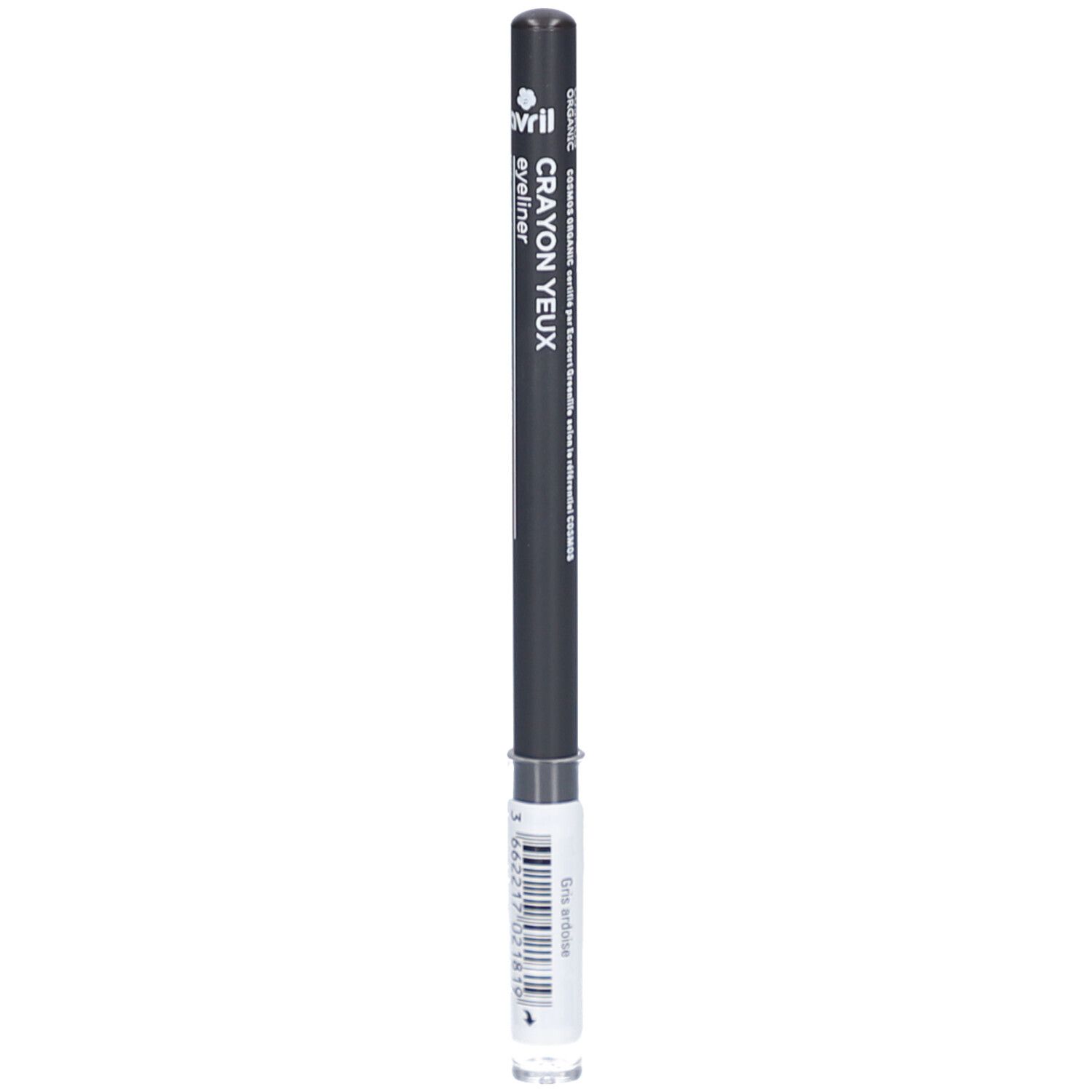 Grauer Kajalstift mit schwarzem Schaft und transparenter Kappe. Aufschrift: eyeliner. Sichtbare Spitze. Bio-Zertifizierung.