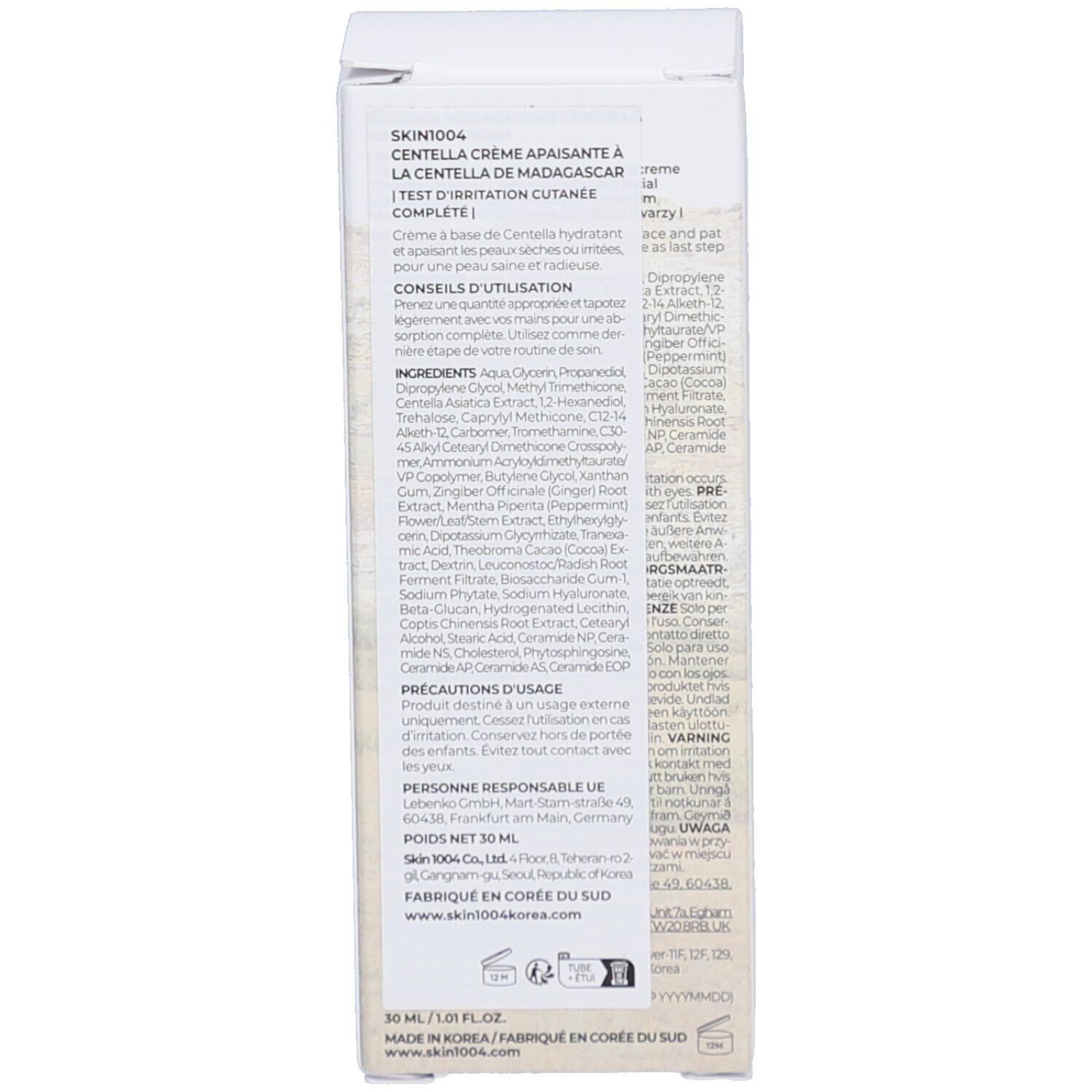 Rückseite der Verpackung. Text: Inhaltsstoffe, Anwendungshinweise, Herstellerinformationen, Warnhinweise.