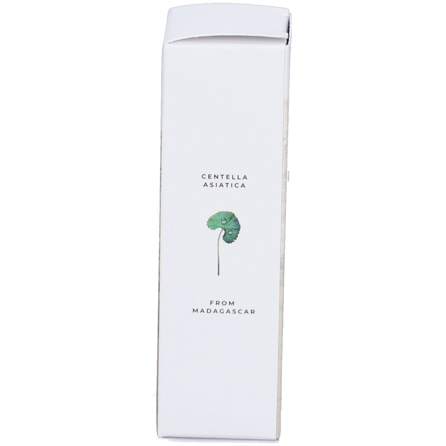 Weiße Verpackung, Seite mit Text: CENTELLA ASIATICA FROM MADAGASCAR und einer Abbildung.