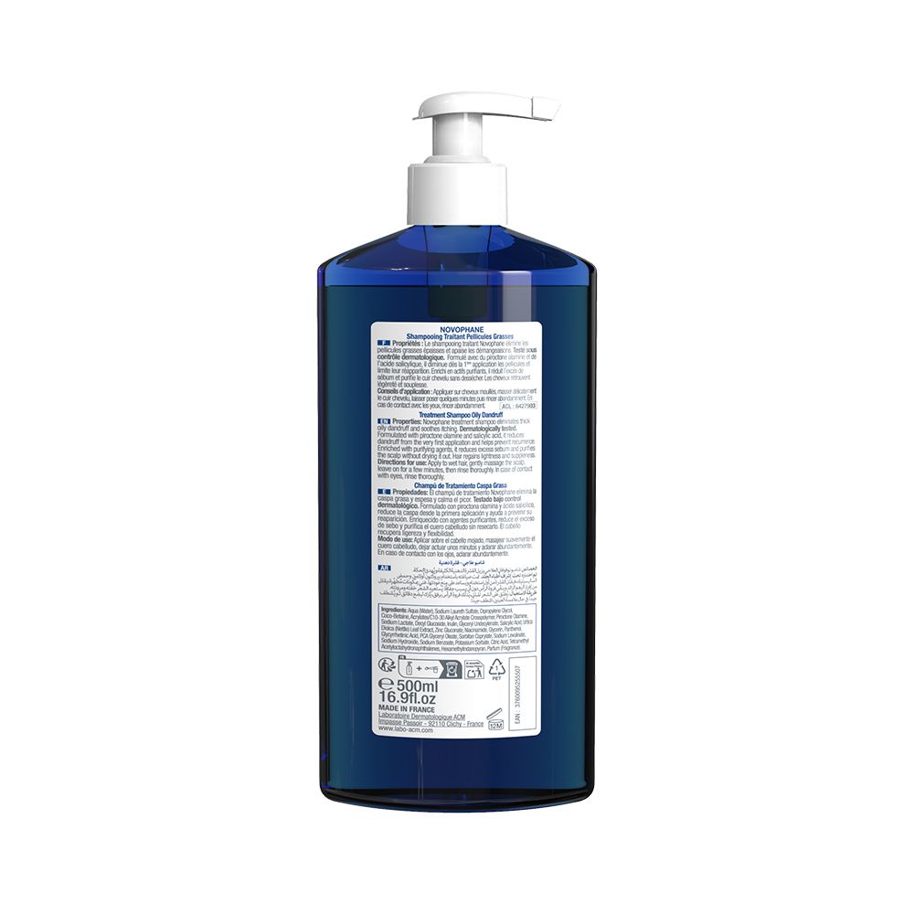 Rückseite einer blauen Flasche mit weißem Pumpverschluss. Text in mehreren Sprachen. 500ml.