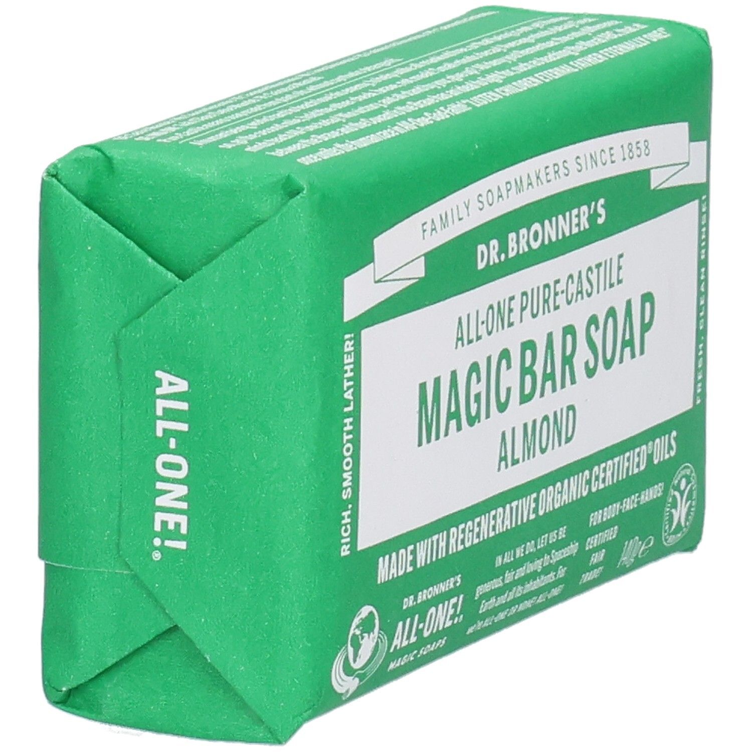 Grüne Seife in Papierverpackung. Aufschrift: Dr. Bronner's Magic Bar Soap Almond. Ansicht von der Seite.