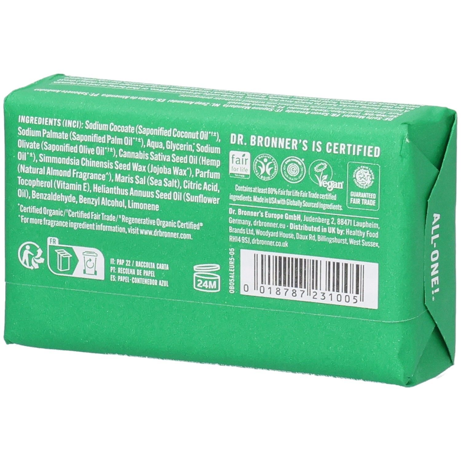 Rückseite der grünen Seife. Zutatenliste und Siegel. Aufschrift: Dr. Bronner's is Certified.