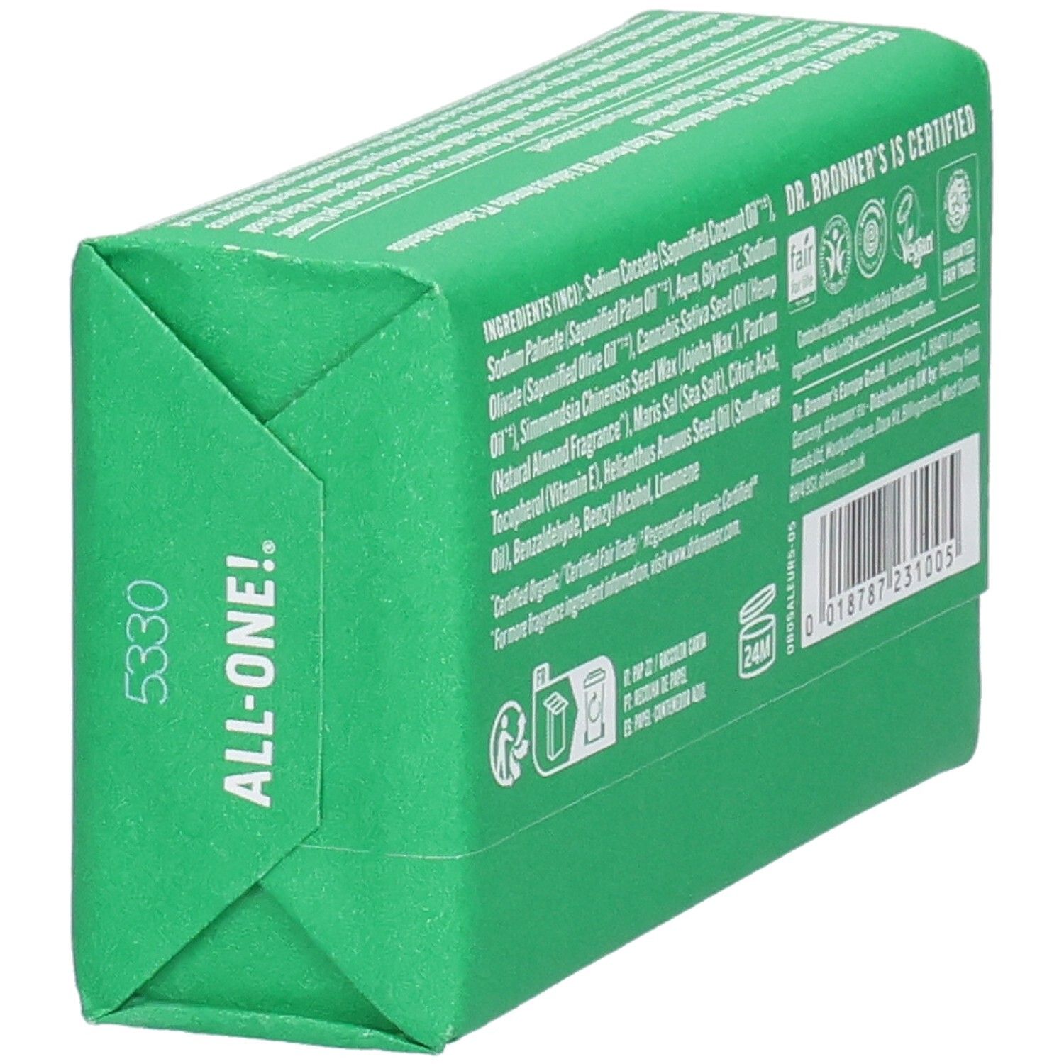 Seife in grüner Verpackung. Zutatenliste und Siegel. Aufschrift: Dr. Bronner's is Certified.