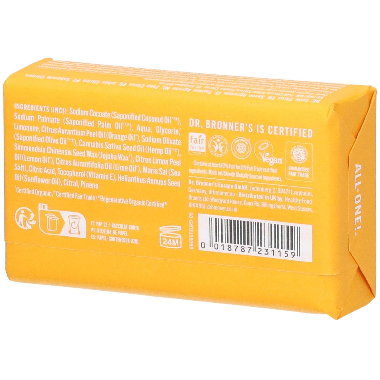 Rückseite eines gelben Seifenstücks. Zutatenliste, Zertifizierungen, Barcode und Herstellerinformationen.