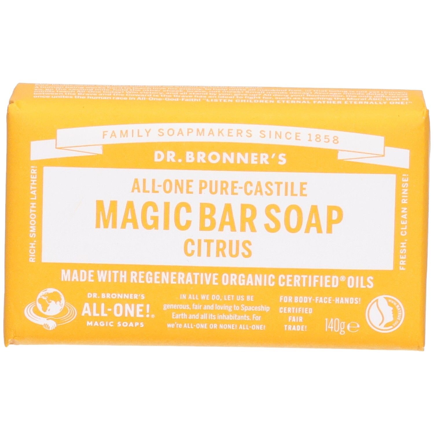 Gelbes Seifenstück in Papierverpackung. Aufschrift: Dr. Bronner's Magic Bar Soap Citrus. Zertifizierungen.