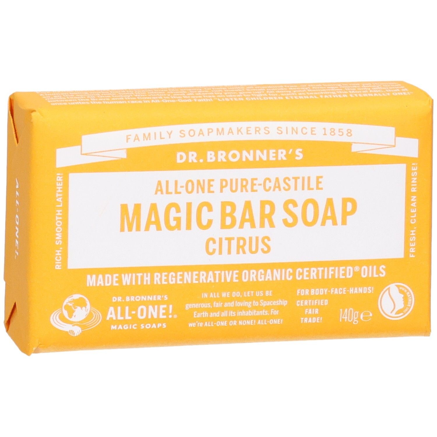 Gelbes Seifenstück in Papierverpackung. Aufschrift: Dr. Bronner's Magic Bar Soap Citrus. Zertifizierungen.