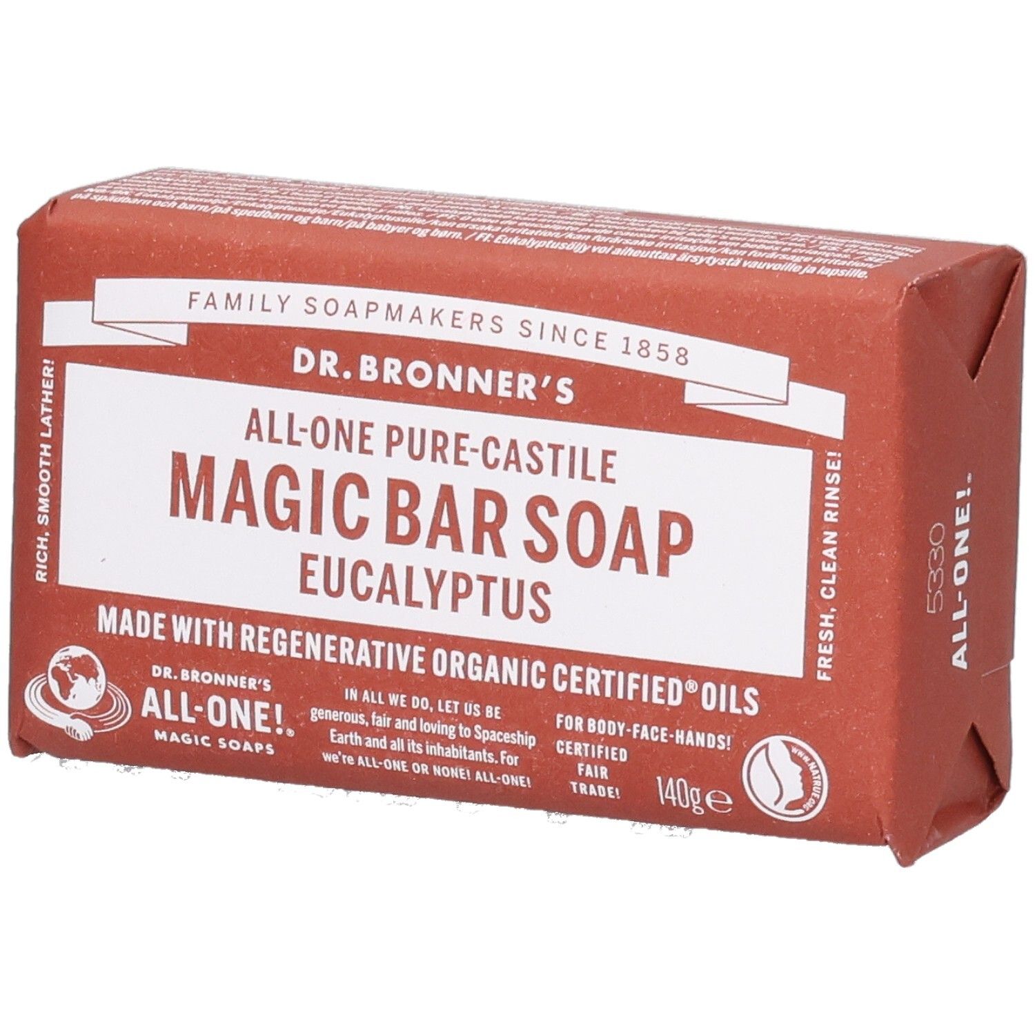 Riegel Seife in Papierverpackung. Aufschrift: Dr. Bronner's Magic Bar Soap Eucalyptus. Fair Trade Siegel.