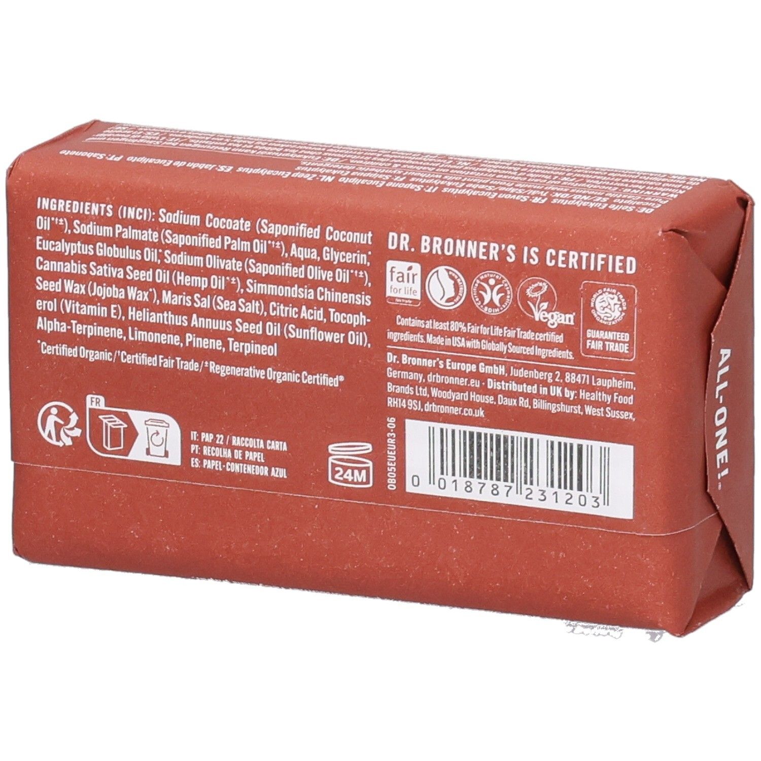 Rückseite der Seifenverpackung. Zutatenliste, Zertifizierungen, Barcode. Aufschrift: Dr. Bronner's is Certified.