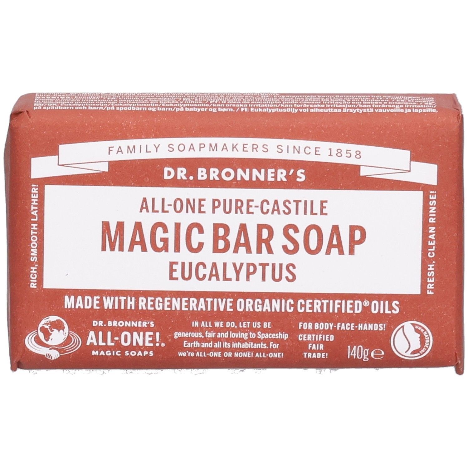 Riegel Seife in Papierverpackung. Aufschrift: Dr. Bronner's Magic Bar Soap Eucalyptus. Fair Trade Siegel.