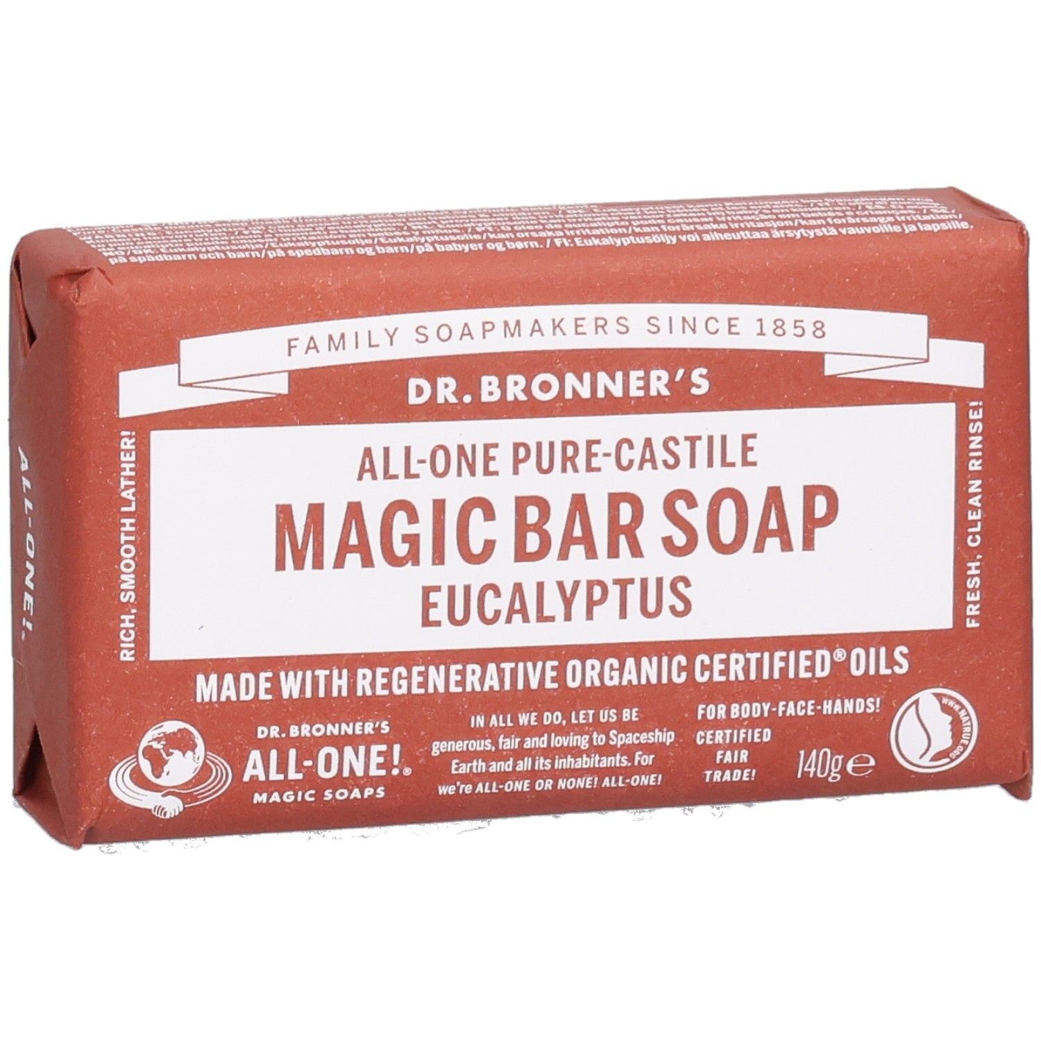 Seifenriegel in Papierverpackung. Aufschrift: Dr. Bronner's Magic Bar Soap Eucalyptus. Fair Trade Siegel.