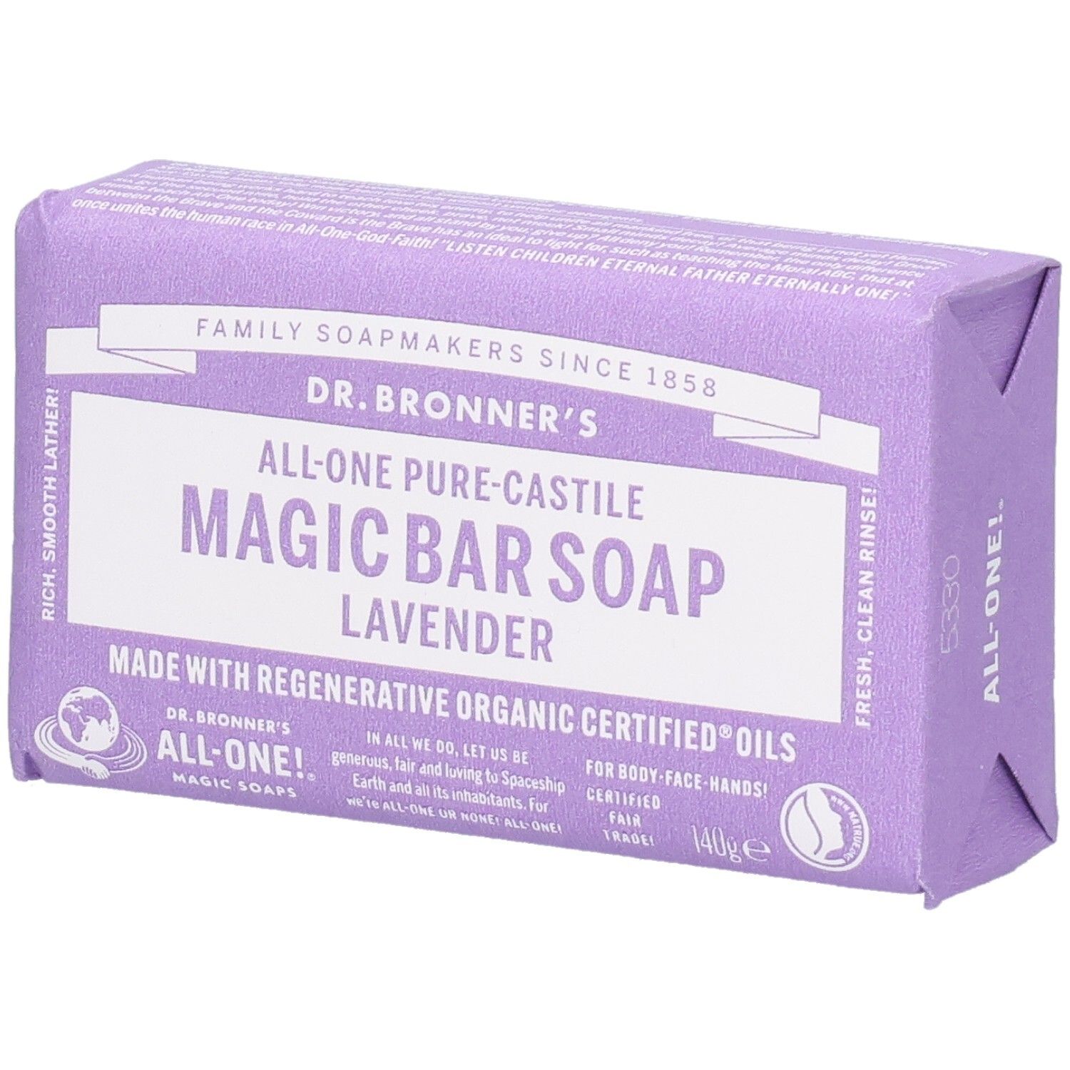 Lila Seife in Papierverpackung. Aufschrift: Dr. Bronner's Magic Bar Soap Lavender. Mit Bio-Ölen.